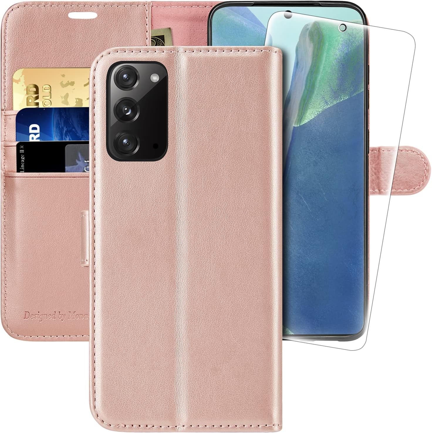 MONASAY Galaxy Note 20 5G Wallet Case, 6.7 Inch, [Included Screen Protector][Rfid Blocking] Flip Folio Leather Cell Phone Cover with Credit Card Holder for Samsung Galaxy Note 20 5G, Black  MONASAY Rosegold  