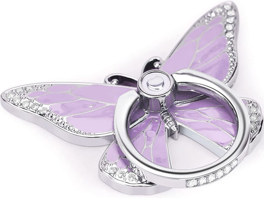Butterfly Cell Phone Ring Holder Stand, 360°Rotation Metal Finger Kickstand, Compatible with Iphone, Samsung Galaxy, and Smartphone (Silver Purple Clear)  Doflyesky   