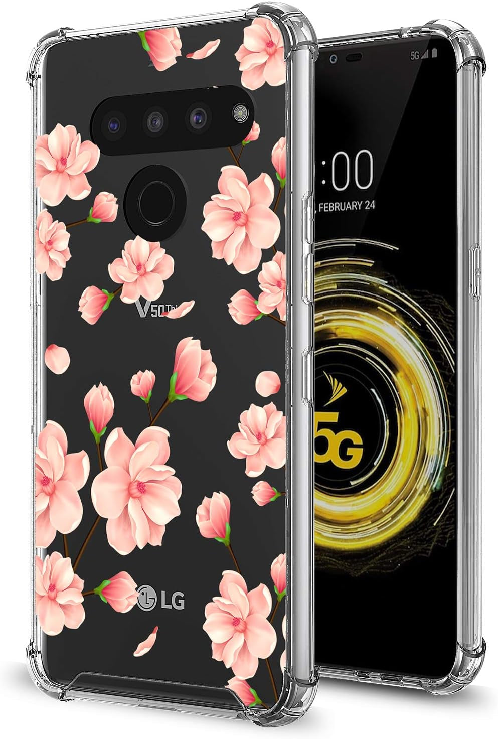 GORGCASE CASE Designed for LG V40 THINQ Slim Sleek Fit Hard PC Back Soft TPU Bumper Anti-Scratch [Shock Absorbing] Clear Fashion Pattern Full-Body Drop Protective Phone Cover for Girls Women Leaf  GORGCASE Clear Cherry Blossom  