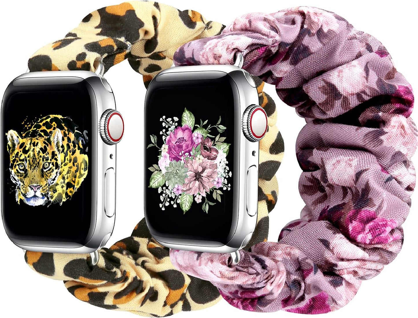 Greatfine Compatible for Apple Watch Band Scrunchie 38Mm 40Mm 41Mm 42Mm 44Mm 45Mm,Soft Elastic Scrunchie Watch Bands,With Iwatch Series 8 7 6 SE 5 4 3 2 1 Ultra,Replacement Wristband for Women(S/M)  HSELE 2PC-Leopard + Purple Floral 42mm/44mm/45mm-S/M 