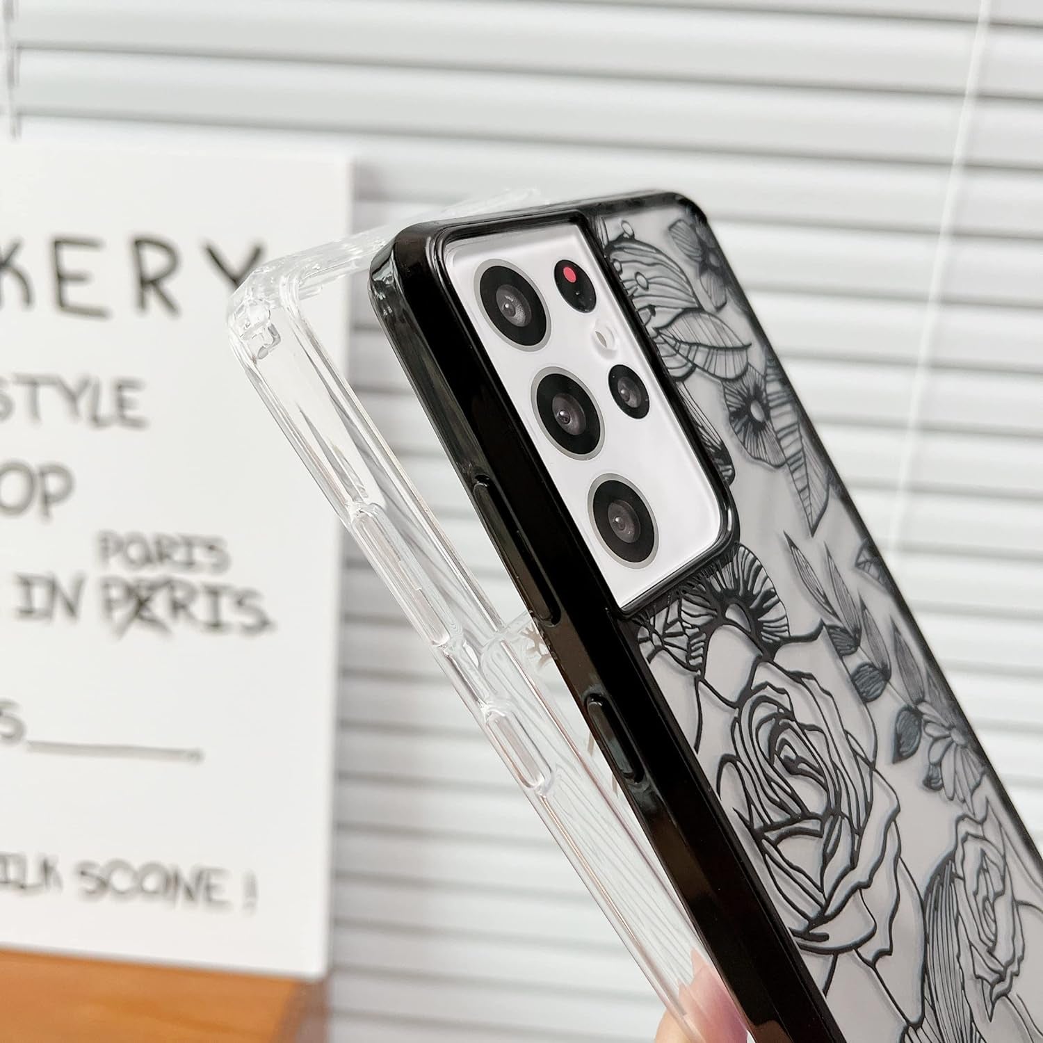 XIZYO for Samsung Galaxy S21 Ultra Case Floral Rose Phone Case Cute Aesthetic Phone Case for Women Girls Clear Back Cover Pattern Slim Anti-Yellow Shockproof TPU Bumper Case, Black  XIZYO   