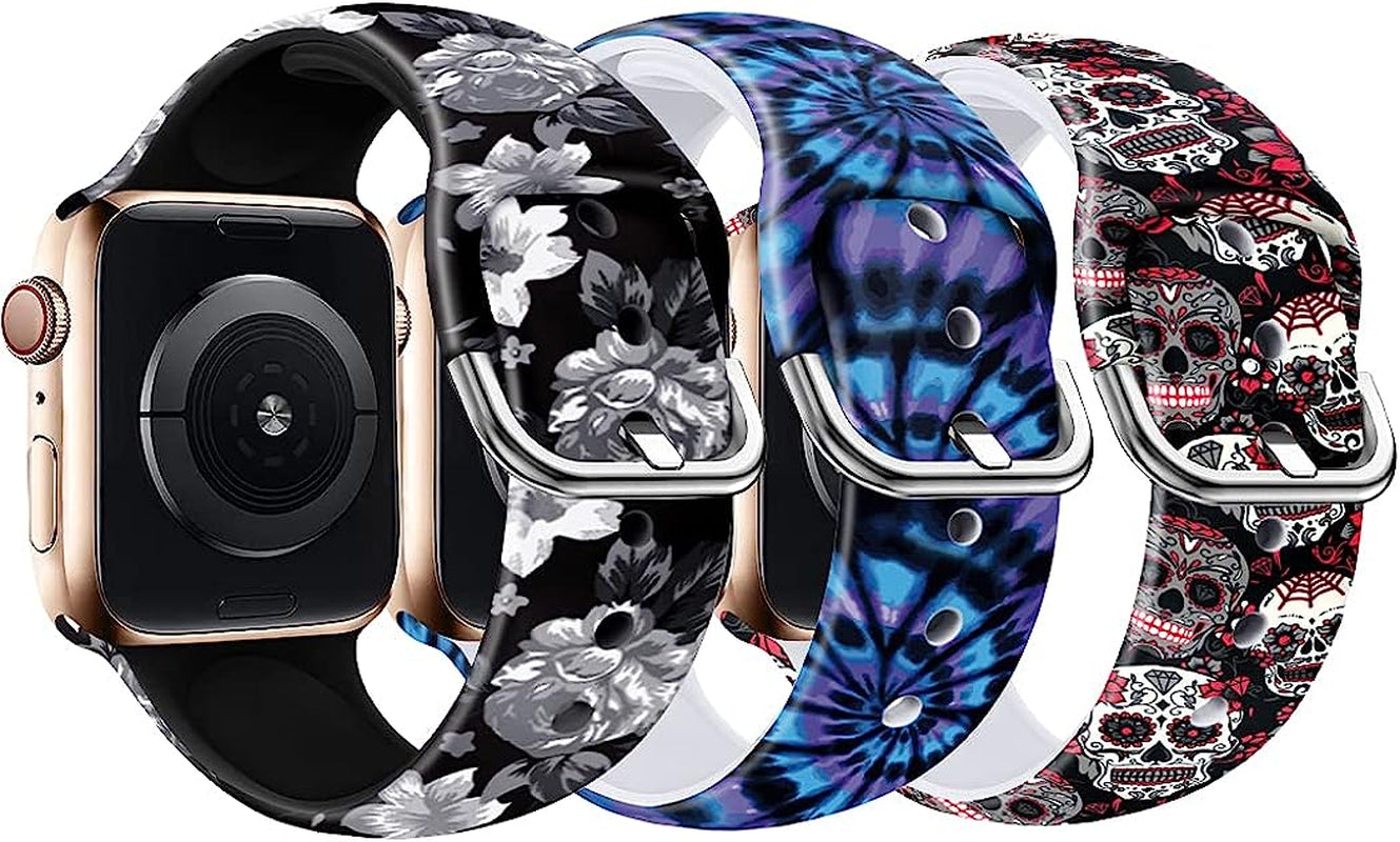 IKANFI Bands Compatible with Apple Watch Band 38Mm 40Mm 41Mm 42Mm 44Mm 45Mm for Women Men Silicone Floral Pattern Printed Band Strap for Iwatch Band SE Series 7 6 5 4 3 2 1 Wristband  IKANFI SBlack Flower/Purple Mist/Skull 38mm/40mm/41mm M/L 