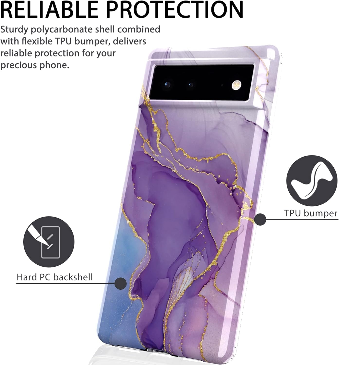 BAISRKE Google Pixel 6 Pro Case, Marble Shockproof Protective Shiny Hard PC Soft Silicone Cover Shockproof Rugged Sturdy Case for Pixel 6 Pro 6.7 Inches (2021) - Purple  BAISRKE   