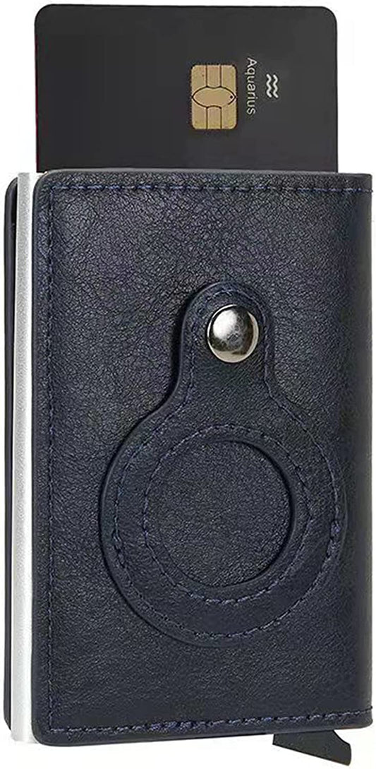 Wallet Case Card Holder with Airtag Slim Minimalist Leather Cash Credit Bifold RFID Blocking Men'S Gift Stealth ID Window Aluminum Metal Cards Pop-Up 8 Slots Wallets (Blue)  Creaweal   