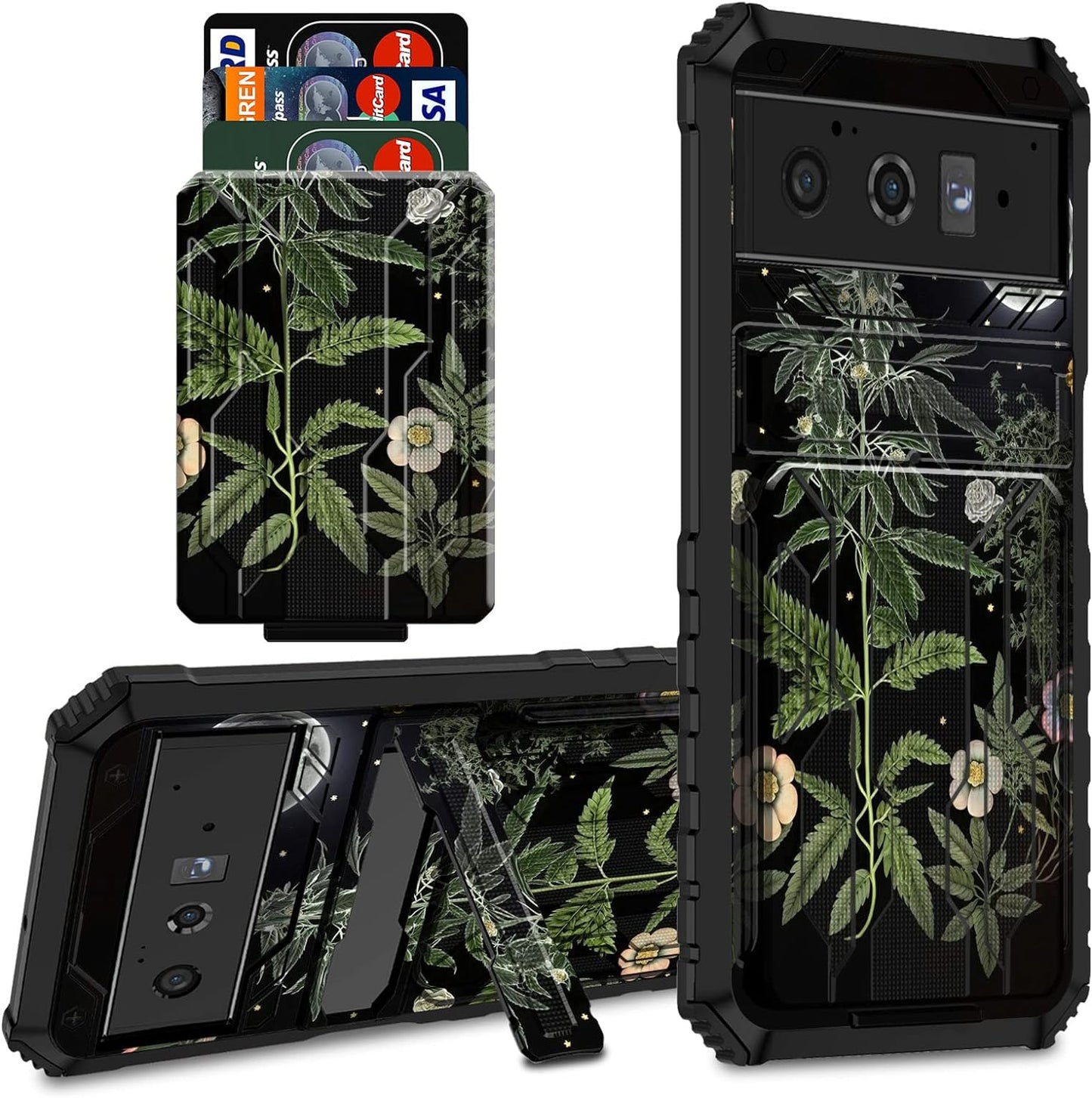 CGFGHHUY for Google Pixel 6 Pro Case for Pixel 6 Pro Wallet Case with Credit Card Holder & Kickstand Dual Layer Hard PC Soft TPU Protective Case for Google Pixel 6 Pro 6.7 Inch 2021 - Moth Moon Sun  CGFGHHUY Flowers Plants Moon For Pixel 6 Pro 6.7 Inch 