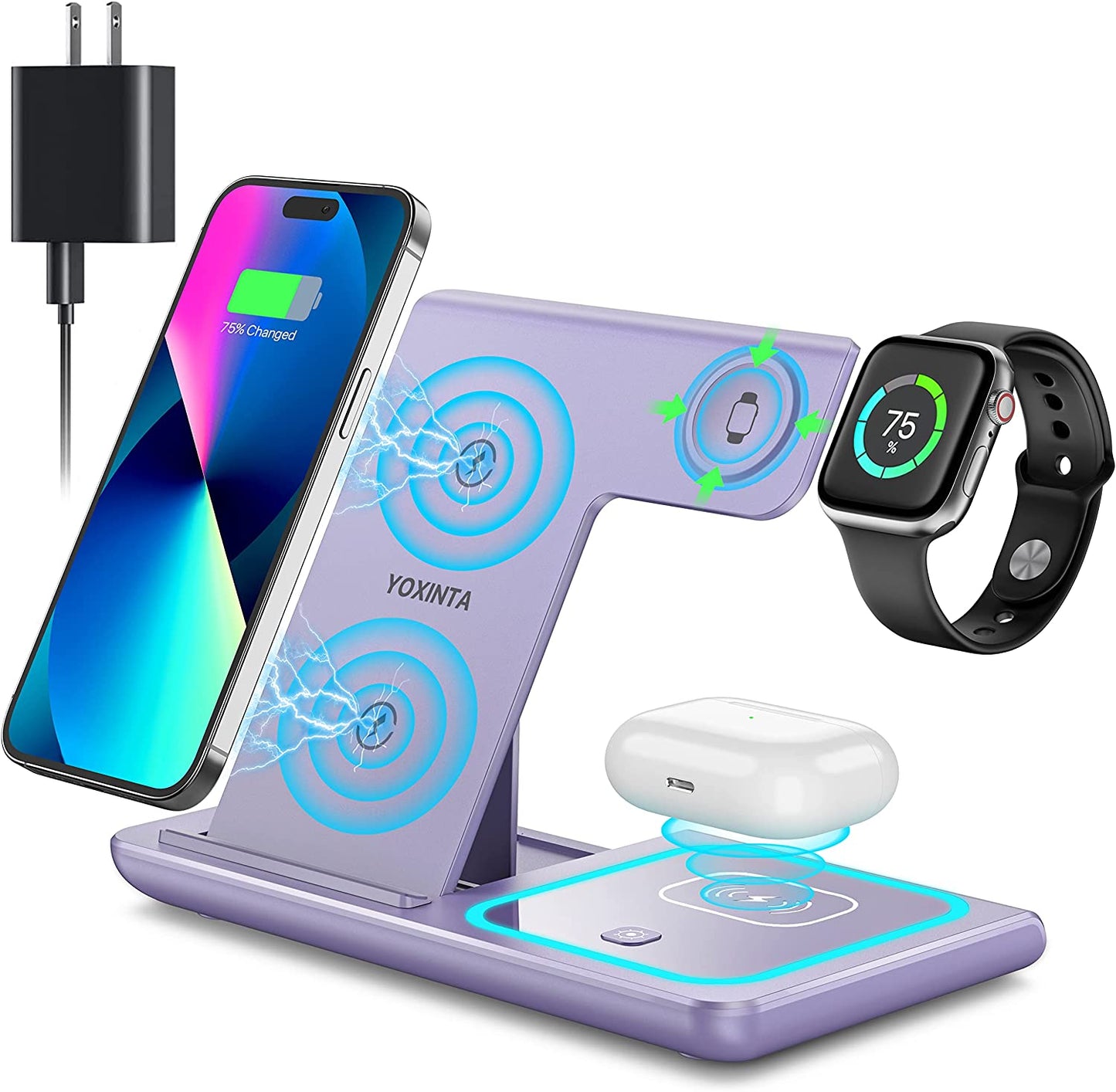 Wireless Charger, 3 in 1 Wireless Charging Station, Fast Wireless Charger Stand for Iphone 14/13/12/11/Pro/Max/Xs/Xr/X/8/Plus, for Apple Watch 8/7/6/5/4/3/2/SE, for Airpods 3/2/Pro(Black)  YOXINTA Purple  