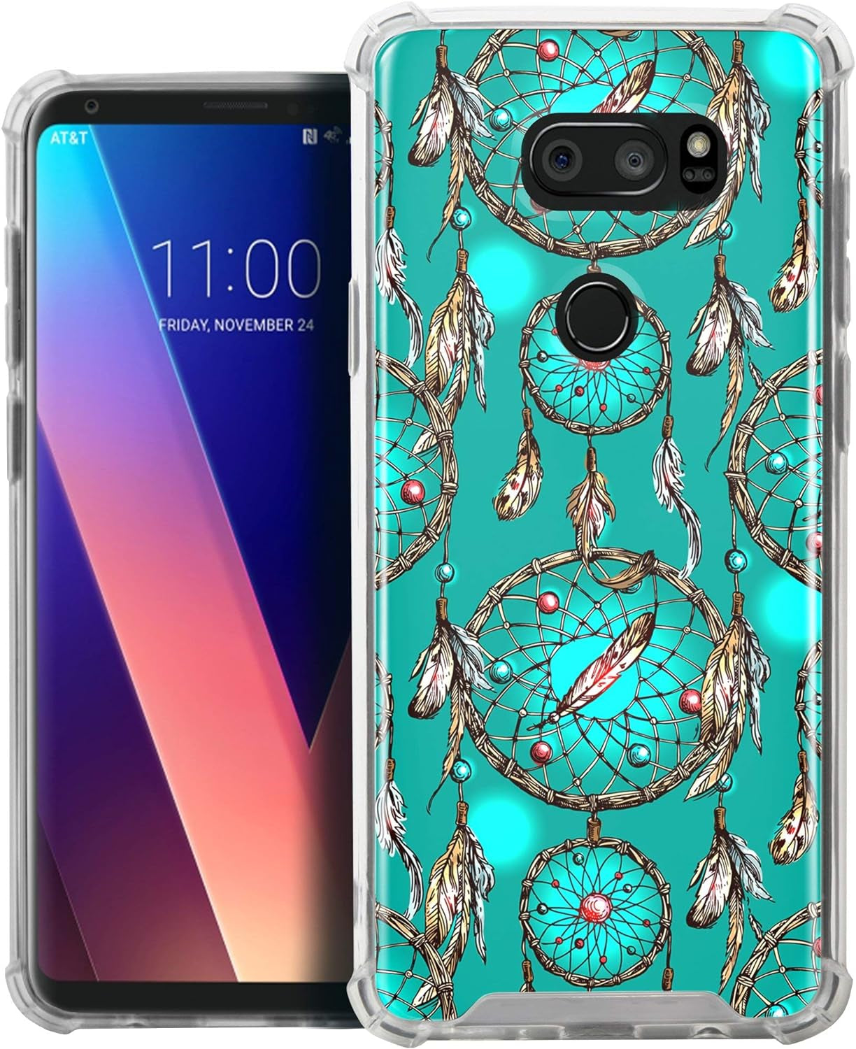 Casesondeck Crystal Case Compatible with [LG V30S Thinq and LG V30] Thin Slim Anti-Slip Grip Case with Bumper Edges Hard Back (Teal Dreamcatcher)  CasesonDeck   