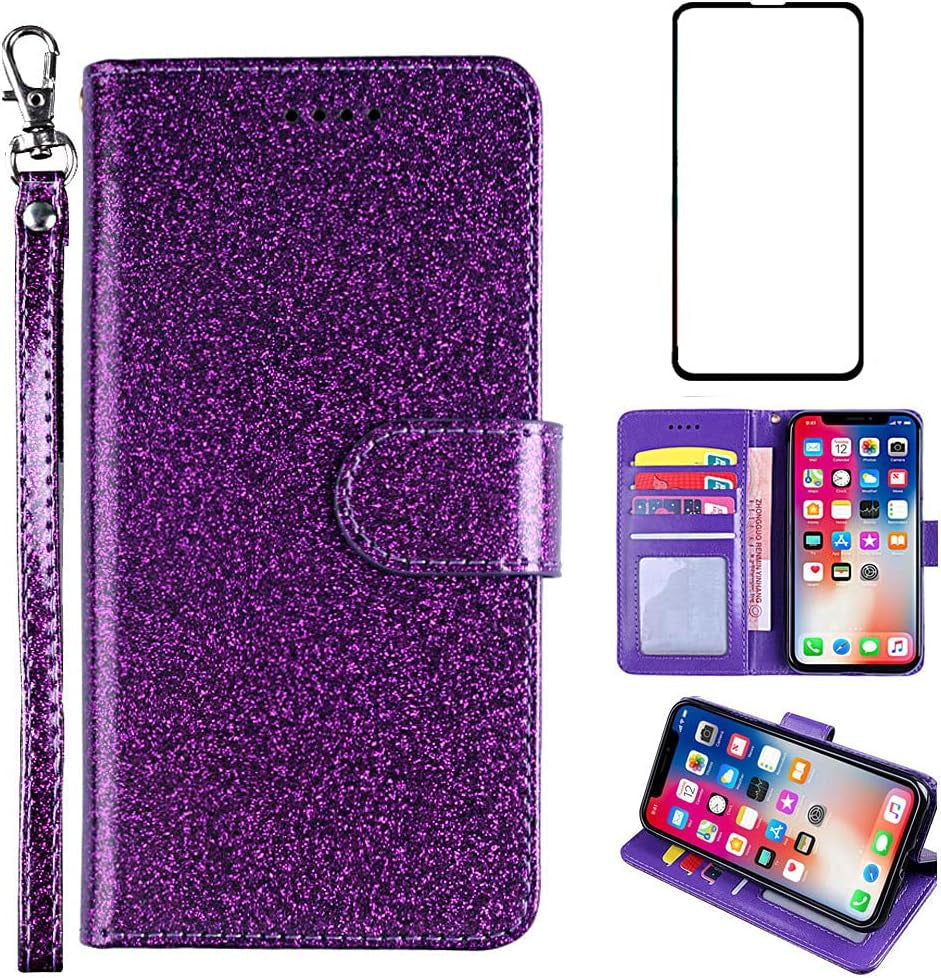 Asuwish Compatible with LG G7 Thinq Glitter Wallet Case and Tempered Glass Screen Protector Holder Slot Stand Phone Cases for LGG7 One G 7 plus LG7 Fit Lg7Thinq 7G Thin Q G7+ G7Thinq Lgg7Thinq Red  Asuwish Purple  