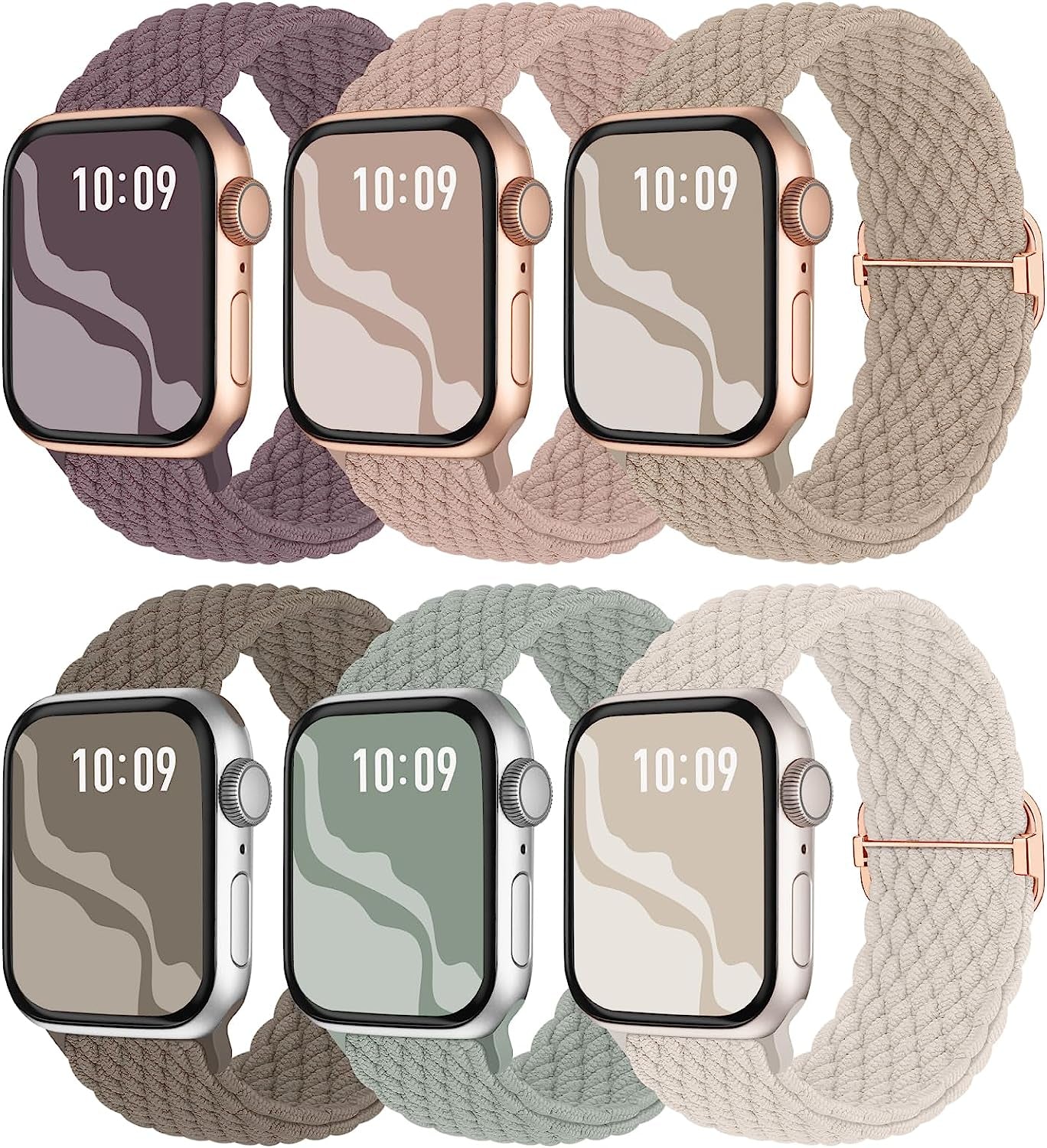 6 Pack Braided Solo Loop Compatible with Apple Watch Band 38Mm 40Mm 41Mm 42Mm 44Mm 45Mm 49Mm for Women Men, Stretchy Nylon Elastic Straps Wristbands for Iwatch Series Ultra SE 8 7 6 5 4 3 2 1  Suitisbest SmokeVioket/LightGreen/MilkTea/NudePink/Stone/Starlight 42/44/45/49mm 