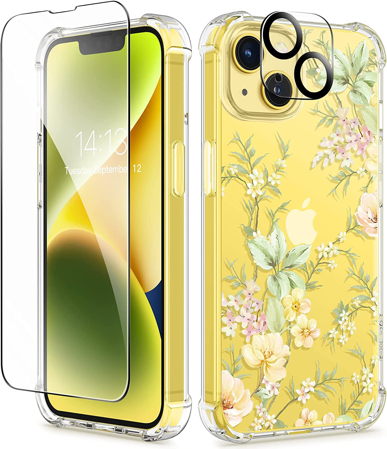 GVIEWIN Compatible with Iphone 14 Case with Screen Protector + Camera Lens Protector, Soft Shockproof Clear Floral Phone Protective Cover for Women, Flower Pattern Design 6.1" (Blooming Flowerets)  GVIEWIN Peach Blossom/Yellow  