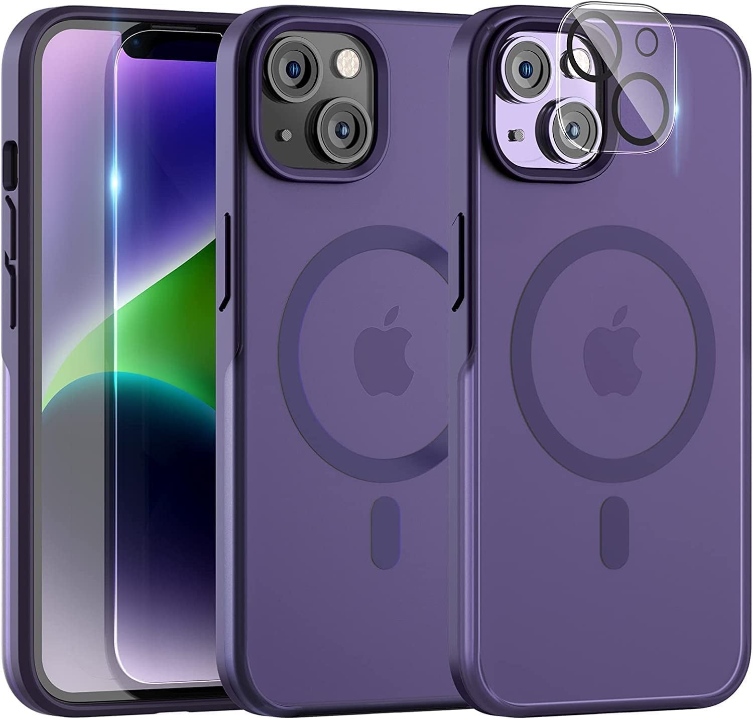 TAURI [5 in 1 Strong Magnetic Clear for Iphone 14 Case [Compatible with Magsafe] with 2 Screen Protector +2 Camera Lens Protector, [Military Drop Protection] Slim Phone Case for Iphone 14 6.1 Inch  TAURI Purple iPhone 14 