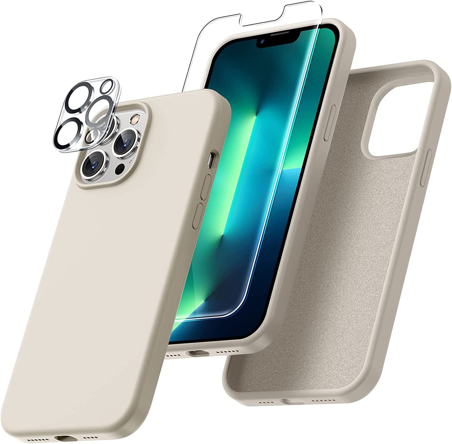 Uyiton [5 In1] Liquid Silicone Iphone 12 PRO Max Case, [Drop Protection] [Full Covered] Shockproof Slim Thin Cover with Microfiber Lining, with 2Xscreen Protector +2Xcamera Lens Protector-Green  Uyiton 13Pm-Stone Iphone 13 Pro Max 