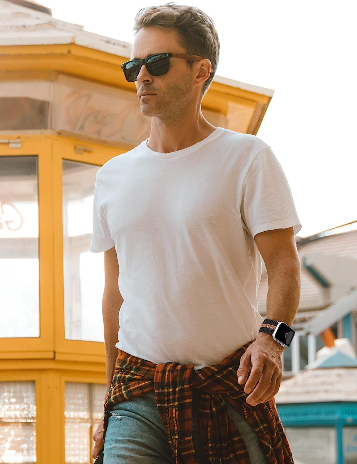 TOYOUTHS Elastic Band Compatible with Apple Watch Band Scrunchies Stretchy Solo Loop 41Mm/40Mm/38Mm Soft Nylon Strap Replacement Wristband for Iwatch Series 8/7/SE/6/5/4/3/2/1, Black/Gold/Blue, S  TOYOUTHS   