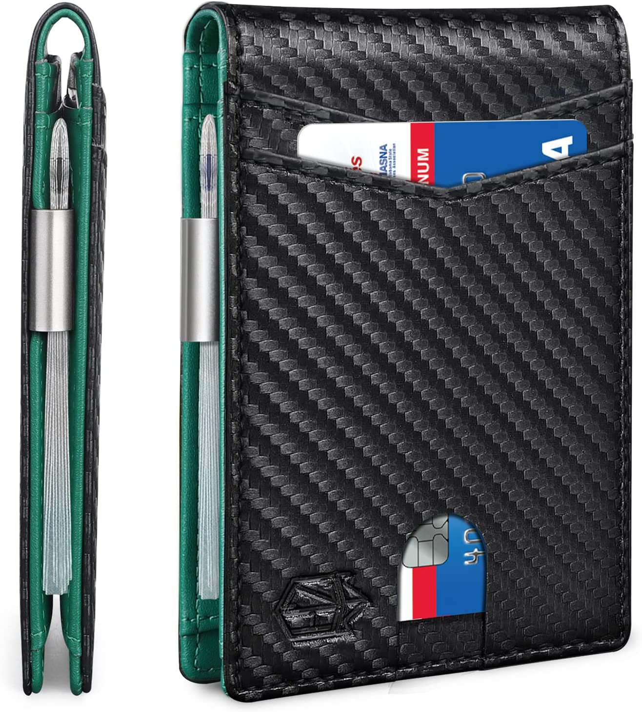 Zitahli Slim Wallet for Men-Leather Money Clip Mens Wallets-Rfid Blocking Front Pocket Bifold Wallet-Minimalist Credit Card Holder with Gift Box  Zitahli Carbon Black and Green  