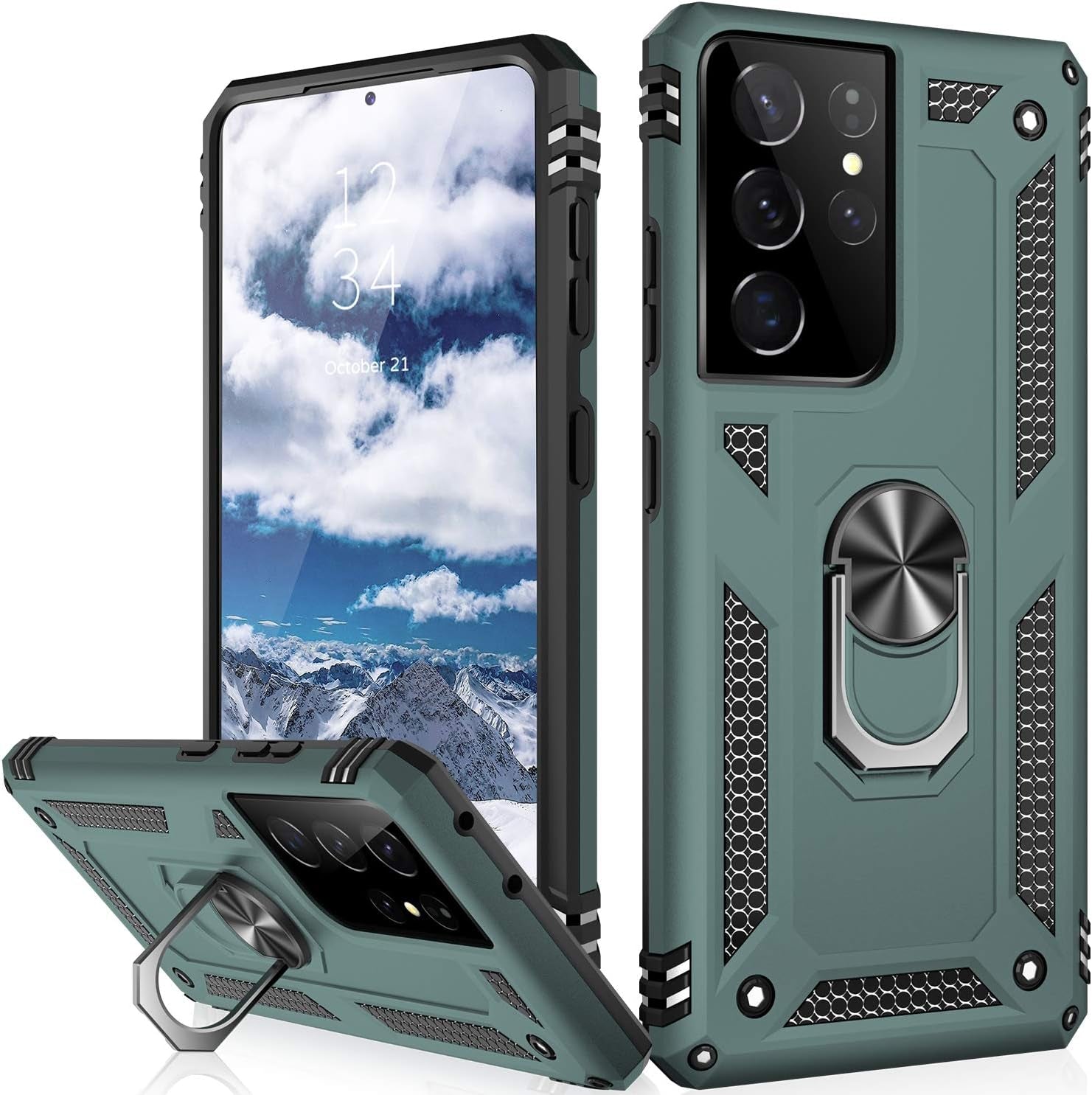 IKAZZ Galaxy S21 Case,Samsung S21 Cover Military Grade Shockproof Heavy Duty Protective Phone Case Pass 16Ft Drop Test with Magnetic Kickstand Car Mount Holder for Samsung Galaxy S21 Black  IKAZZ Pine Green Galaxy S21 Ultra (Large 6.8") 