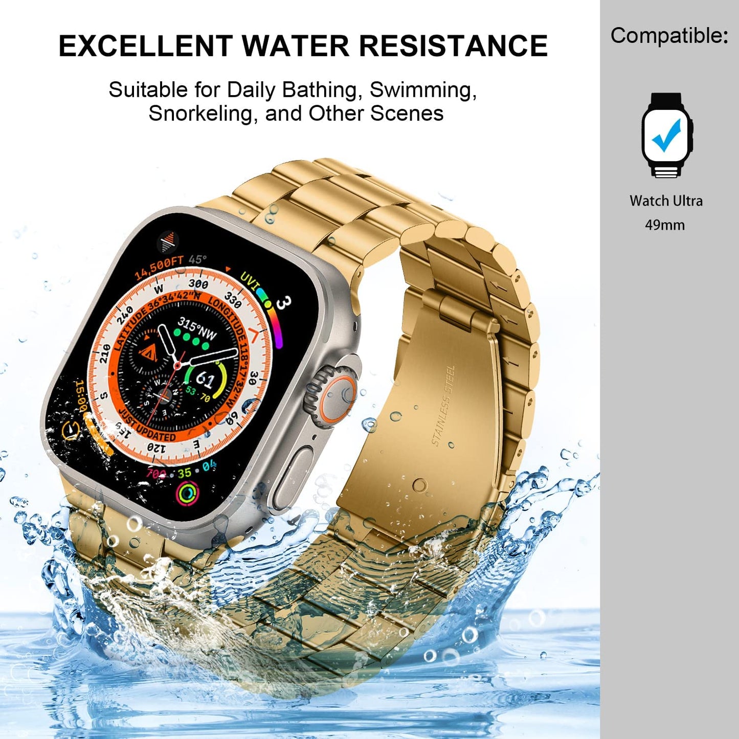 HITZEE Compatible with Apple Watch Band 49Mm Ultra Business Stainless Steel Metal Strap Men Women Link Bands with Case Compatible for Apple Watch Ultra, 49Mm Gold  HITZEE   