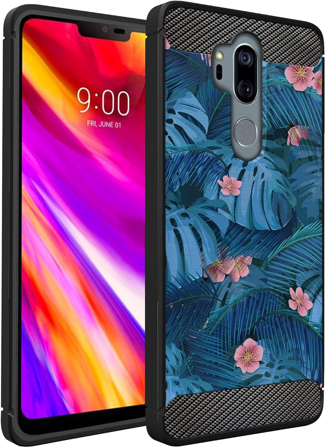 Casesondeck Case Compatible with [LG G7 / LG G7 Thinq] Tribal Floral Matte TPU Flexible Carbon Fiber Textured (Horse Tribal)  CasesonDeck Tropical Flowers  