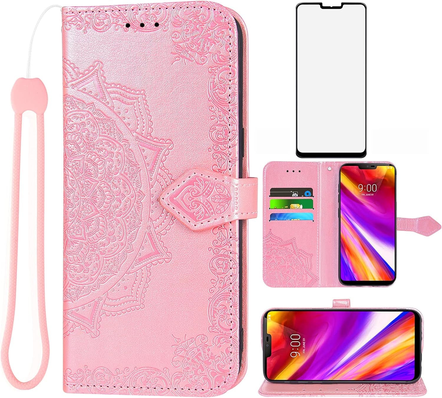 Compatible with LG G7 Thinq Wallet Phone Case Tempered Glass Screen Protector and Flip Cover Card Holder Cell for LGG7 One G 7 plus LG7 Fit Lg7Thinq 7G Thin Q G7+ G7Thinq Lgg7Thinq Women Men Rose Gold  Asuwish   