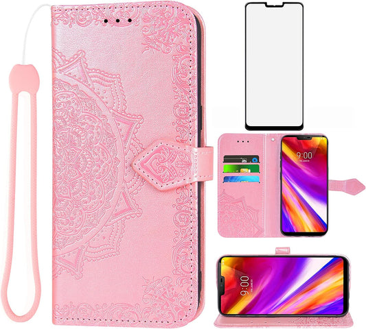 Compatible with LG G7 Thinq Wallet Phone Case Tempered Glass Screen Protector and Flip Cover Card Holder Cell for LGG7 One G 7 plus LG7 Fit Lg7Thinq 7G Thin Q G7+ G7Thinq Lgg7Thinq Women Men Rose Gold  Asuwish   