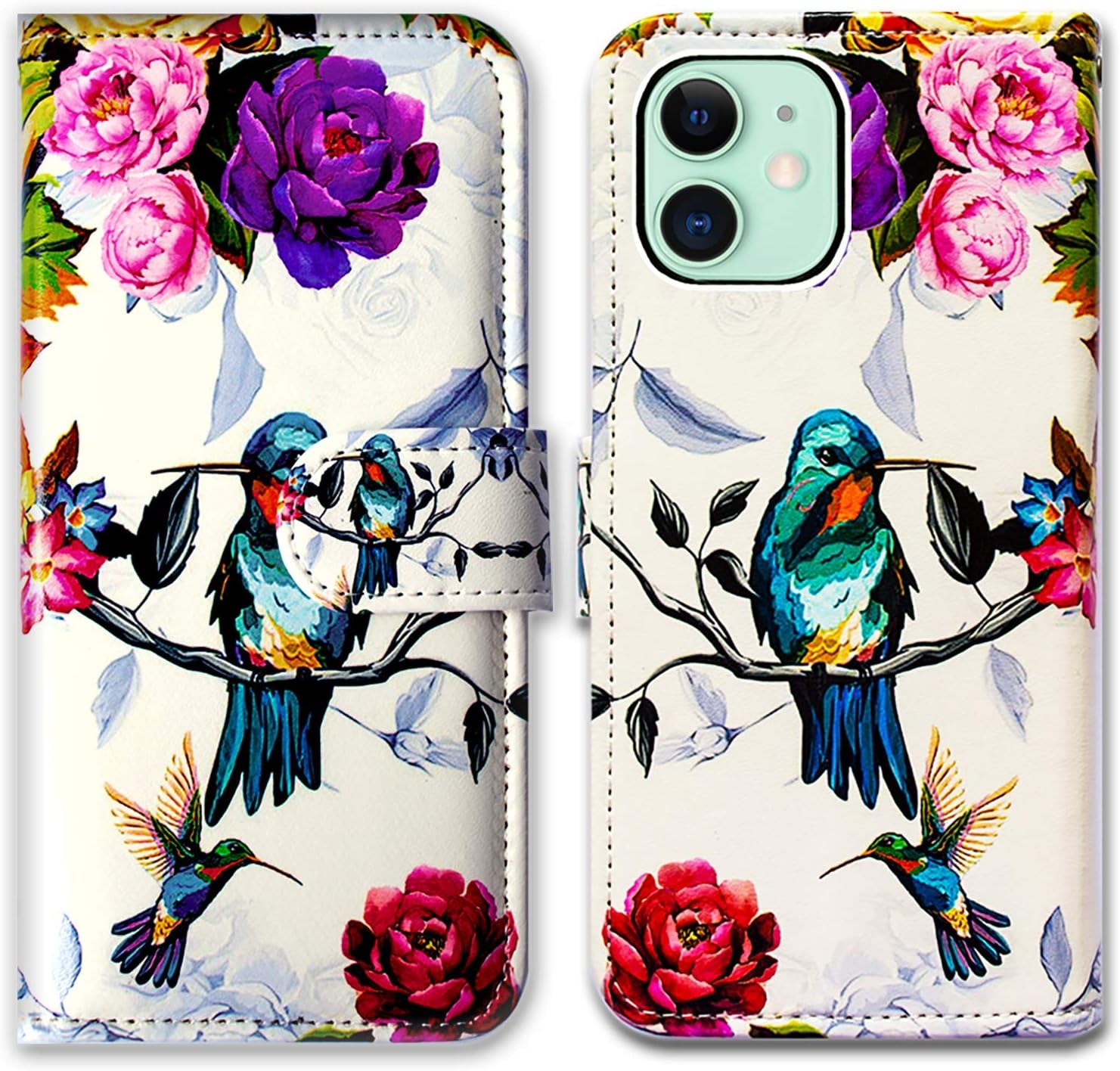 Bcov Iphone 13 Case,Blue Butterfly Flowers Rose Leather Flip Phone Case Wallet Cover with Card Slot Holder Kickstand for Iphone 13  Bcov Hummingbird In Flowers  