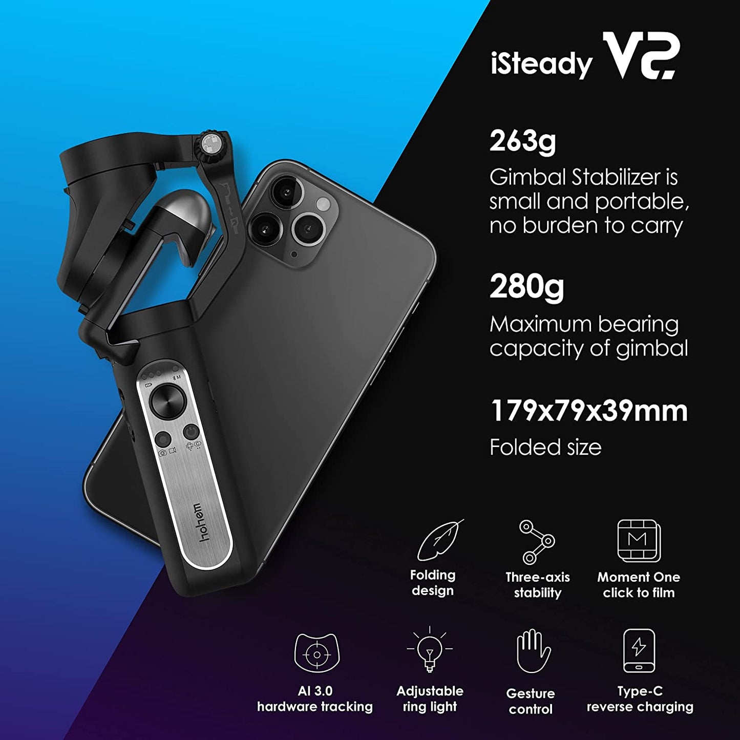 Gimbal Stabilizer for Smartphone, Hohem Isteady V2 Gimbal Portable and Foldable 3-Axis Gimbal Stabilizer, Vlog Stabilizer, for Youtube Tiktok Video with AI Visual Tracking Gimbal  hohem   