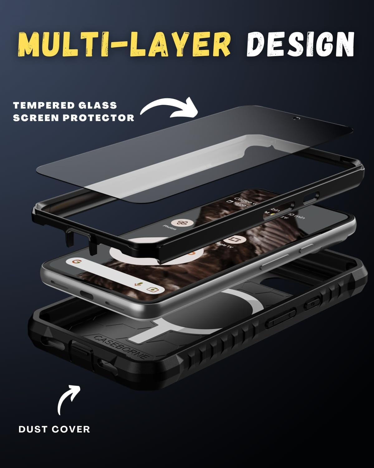 Caseborne Compatible with Google Pixel 8 Protective Case -Compatible with Magsafe, Slim yet Rugged with Tempered Glass Screen Protector and Belt Clip Holster Black  CaseBorne   