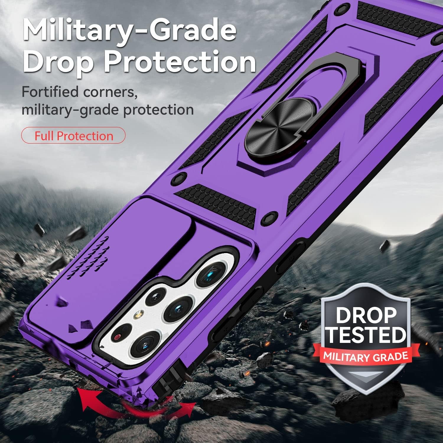 For Samsung Galaxy S22 Ultra Case with Camera Lens Cover HD Screen Protector, Military-Grade Drop Tested Magnetic Ring Holder Kickstand Protective Phone Case for Samsung Galaxy S22 Ultra 5G (Purple)  JINZHI Inc   