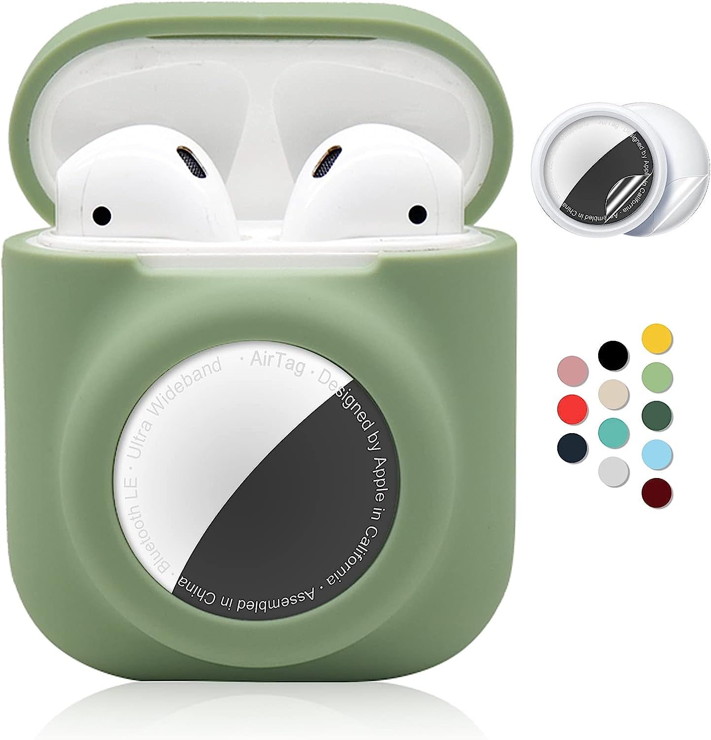 2 in 1 Silicone Protective Skin Cover Compatible with Airpod 1&2 and Airtag, Soft Comprehensive Protective Case with 2 PCS TPU Screen Protector, Anti-Scratch Anti-Fall Anti-Lost(Black)  Enspito AvocadoGreen  