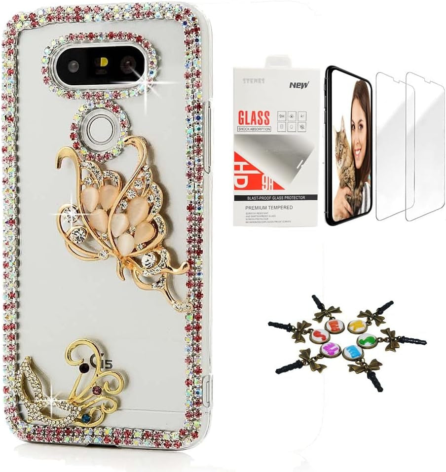 STENES Bling Case Compatible with LG V40 Thinq - Stylish - 3D Handmade [Sparkle Series] Agate Butterfly Fairy Mask Design Cover with Screen Protector [2 Pack] - Colorful  STENES   