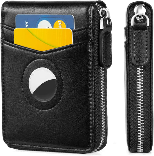 Huztencor Airtag Wallet, Mens Wallet Zipper RFID Slim Leather RFID Credit Card Wallet with Built-In Case Holder for Apple Airtag Oil Black  Huztencor   