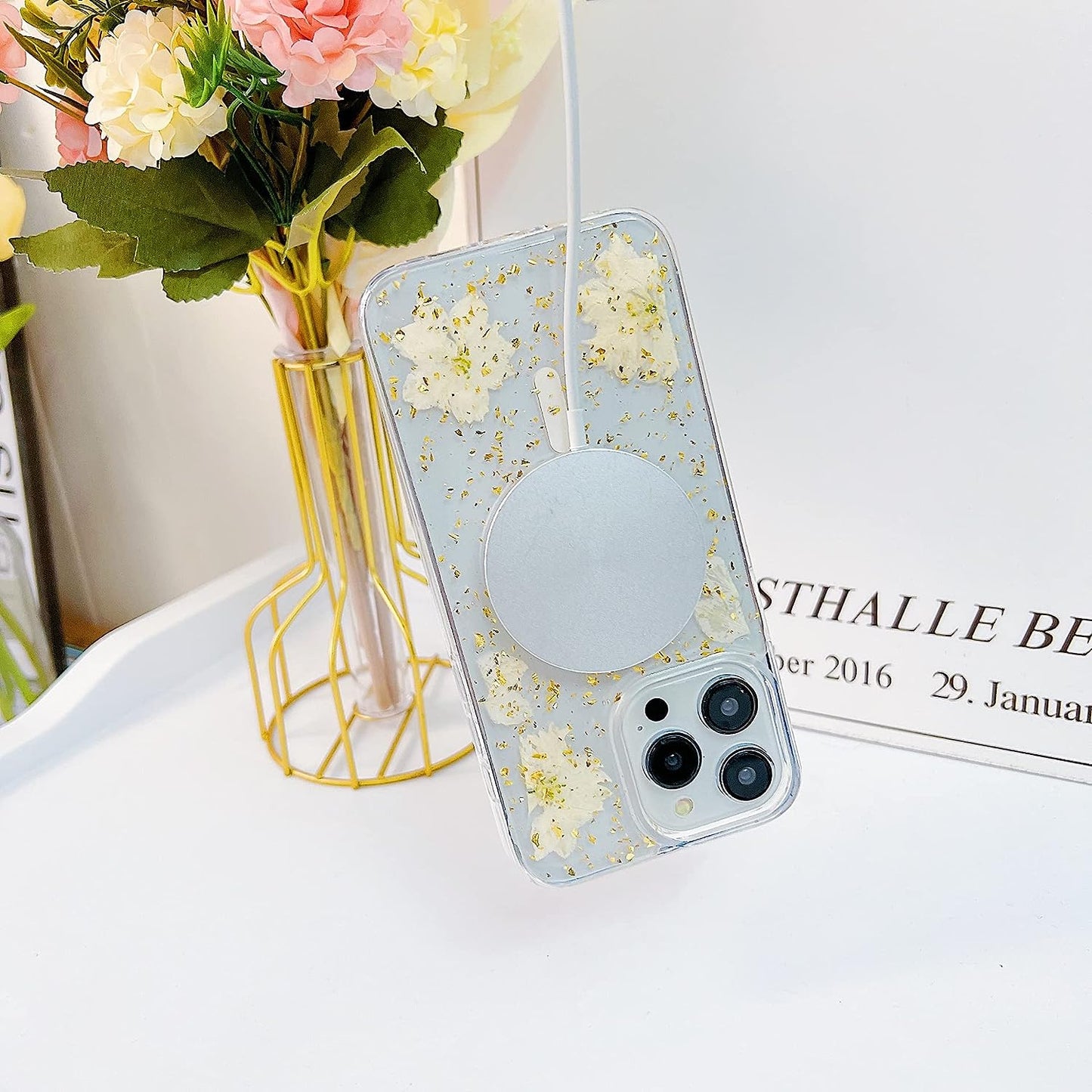 Ytanazing Magnetic Floral Case for Iphone 14 Pro Max [Compatible with Magsafe], Real Flowers Glitter Design Aesthetic Slim Shockproof Protect Sparkle Unique Silicone Phone Cover for Women Girls(Gold)  YTanazing   