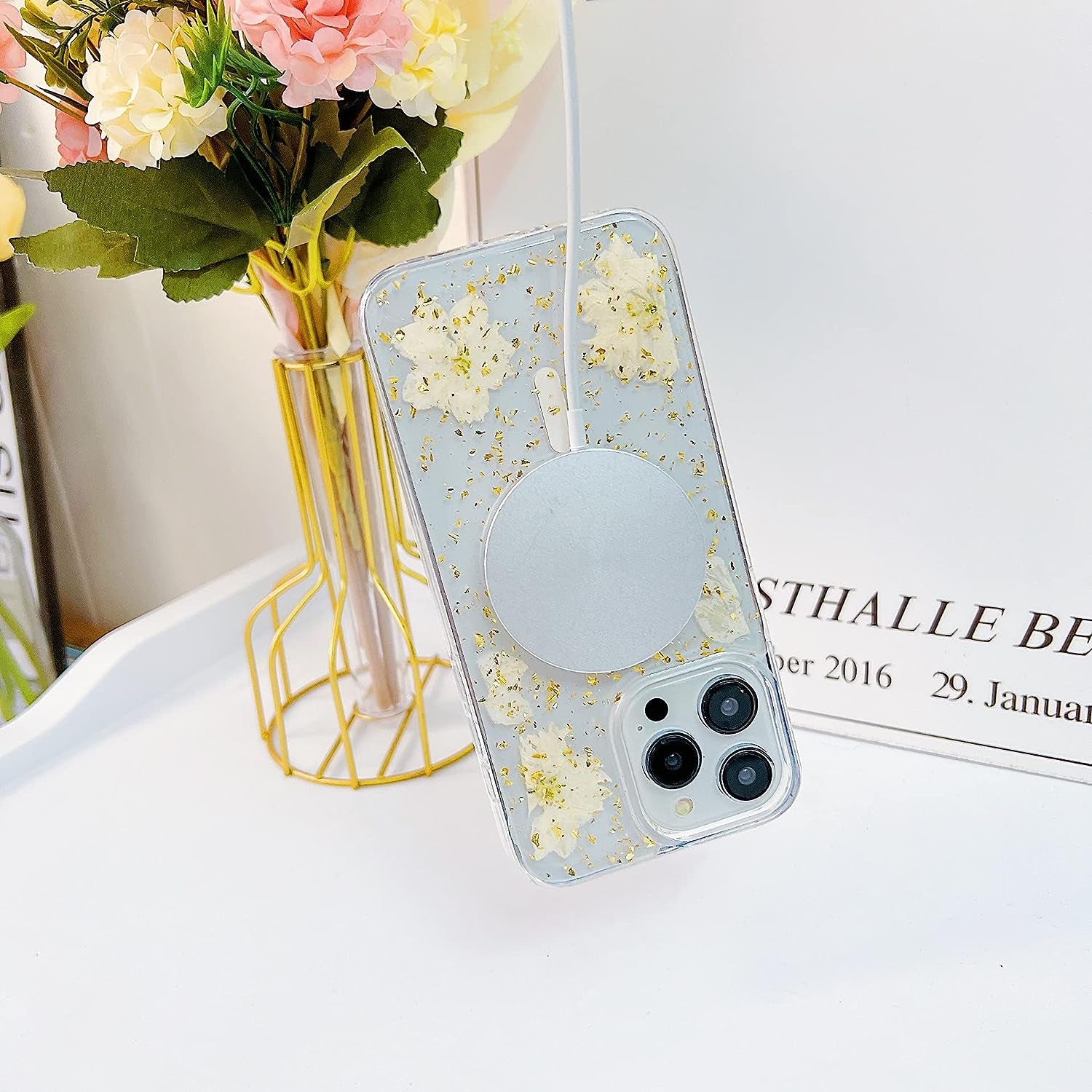 Ytanazing Magnetic Floral Case for Iphone 14 Pro Max [Compatible with Magsafe], Real Flowers Glitter Design Aesthetic Slim Shockproof Protect Sparkle Unique Silicone Phone Cover for Women Girls(Gold)  YTanazing   