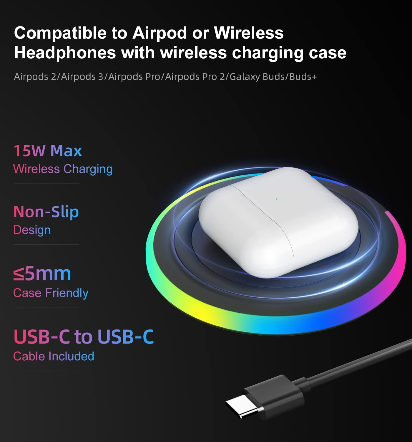 Wireless Charger Pad, 15W Max Fast RGB Wireless Charging Pad Compatible Iphone 14/14 Plus/14 Pro/14 Pro Max/13/13 Mini/Se 2022/12/11/X/8,Samsung Galaxy S22/S21/S20,Airpods 3 2 Pro(No AC Adapter) Black  MMK   