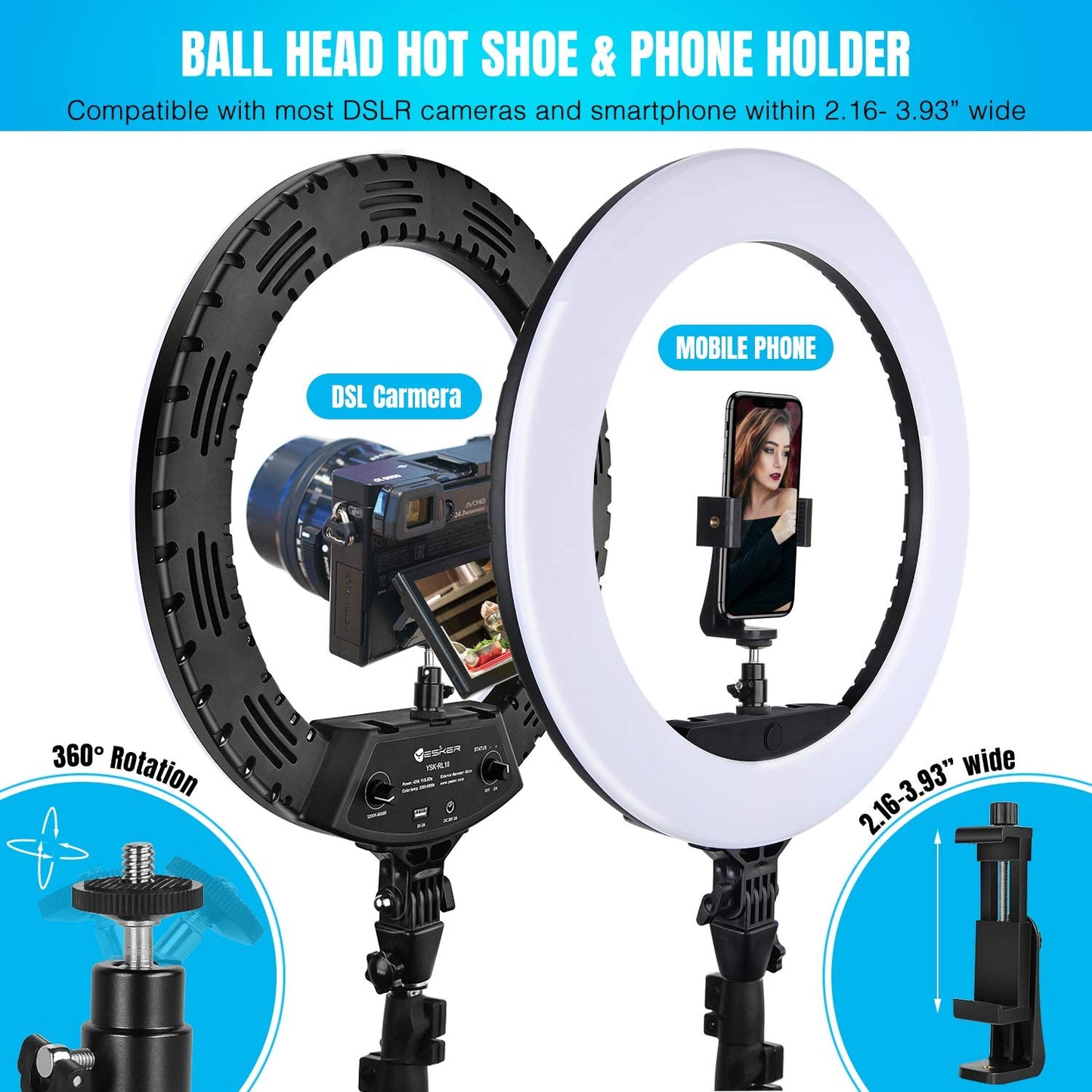 Ring Light 18 Inch LED Ringlight Kit with 73 Inch Tripod Stand with Phone Holder Adjustable 3200-6000K Color Temperature Circle MUA Lighting for Camera for Vlog, Makeup,Youtobe, Video Shooting, Selfie  Yesker   