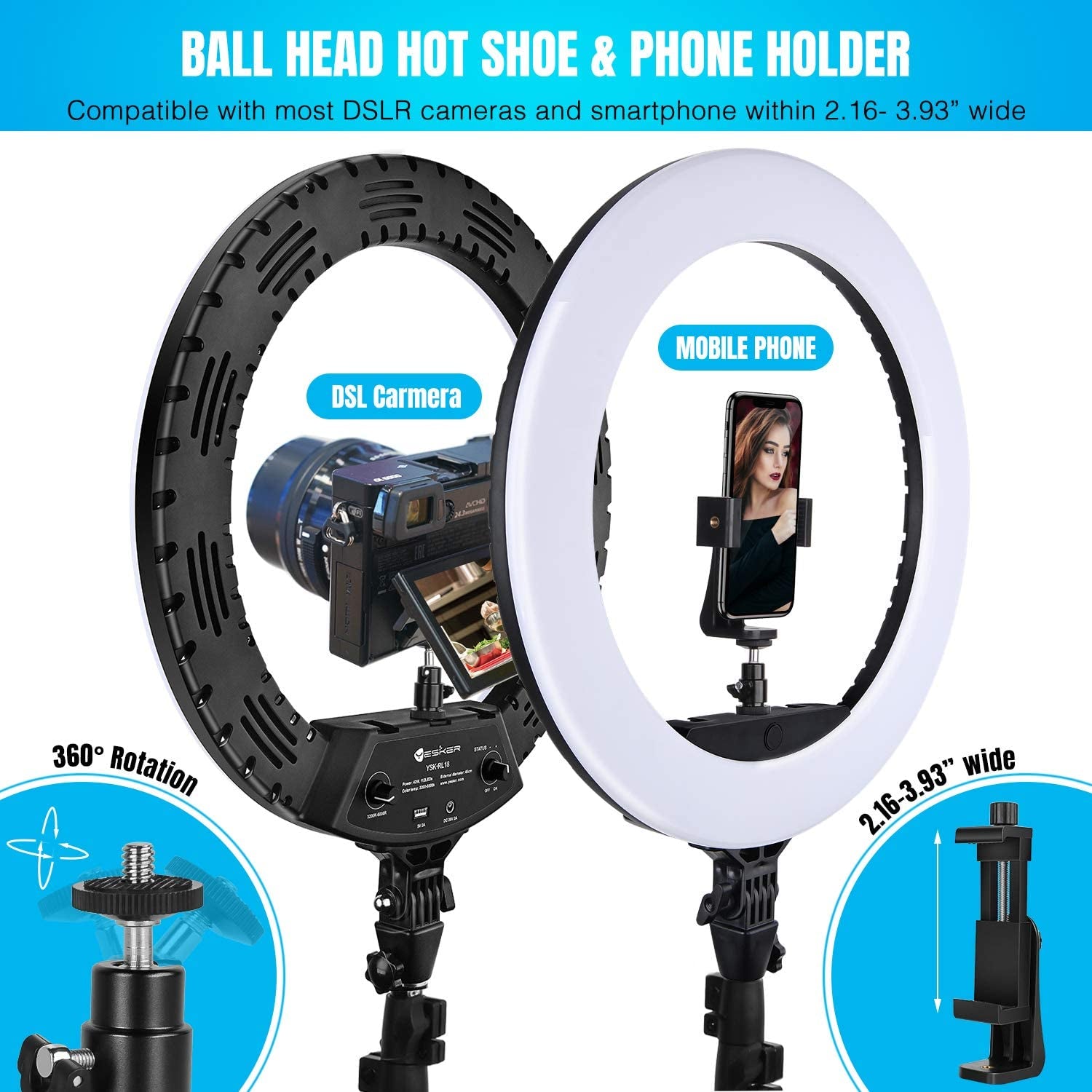 Ring Light 18 Inch LED Ringlight Kit with 73 Inch Tripod Stand with Phone Holder Adjustable 3200-6000K Color Temperature Circle MUA Lighting for Camera for Vlog, Makeup,Youtobe, Video Shooting, Selfie  Yesker   