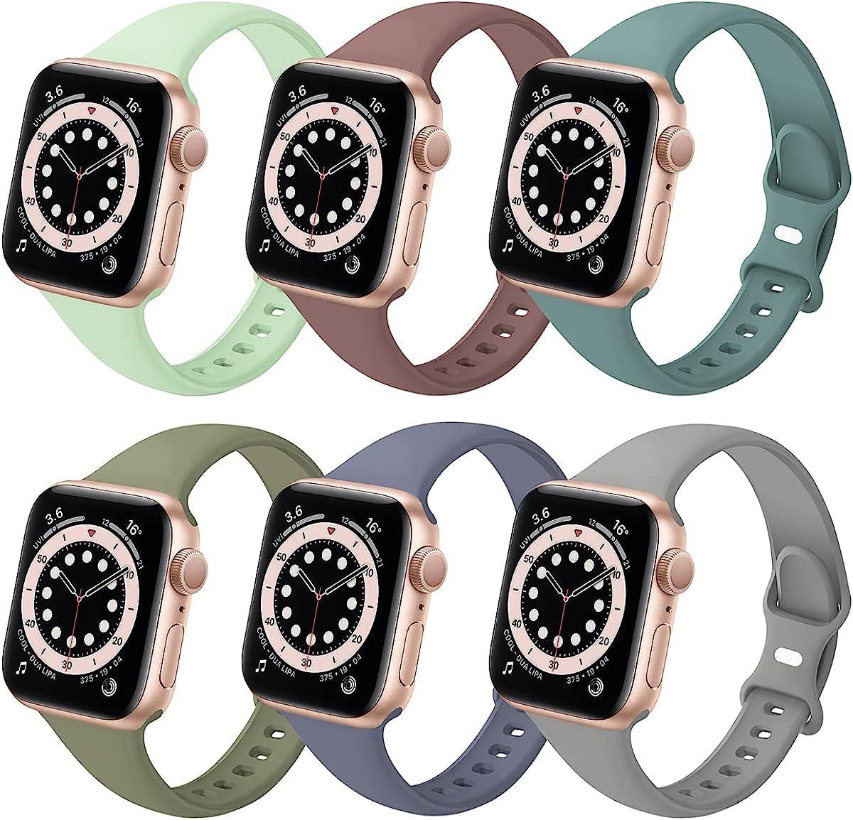 6 Pack Slim Sport Bands Compatible with Apple Watch Band 38Mm 40Mm 41Mm 42Mm 44Mm 45Mm 49Mm,Slim Soft Silicone Waterproof Strap Compatible with Iwatch Series Ultra 8 7 6 5 4 3 2 1 SE Women Men  SIV Pistachio/Smokey Mauve/Cactus/Khaki/Lavender Gray/Concrete 42mm/44mm/45mm/49mm 