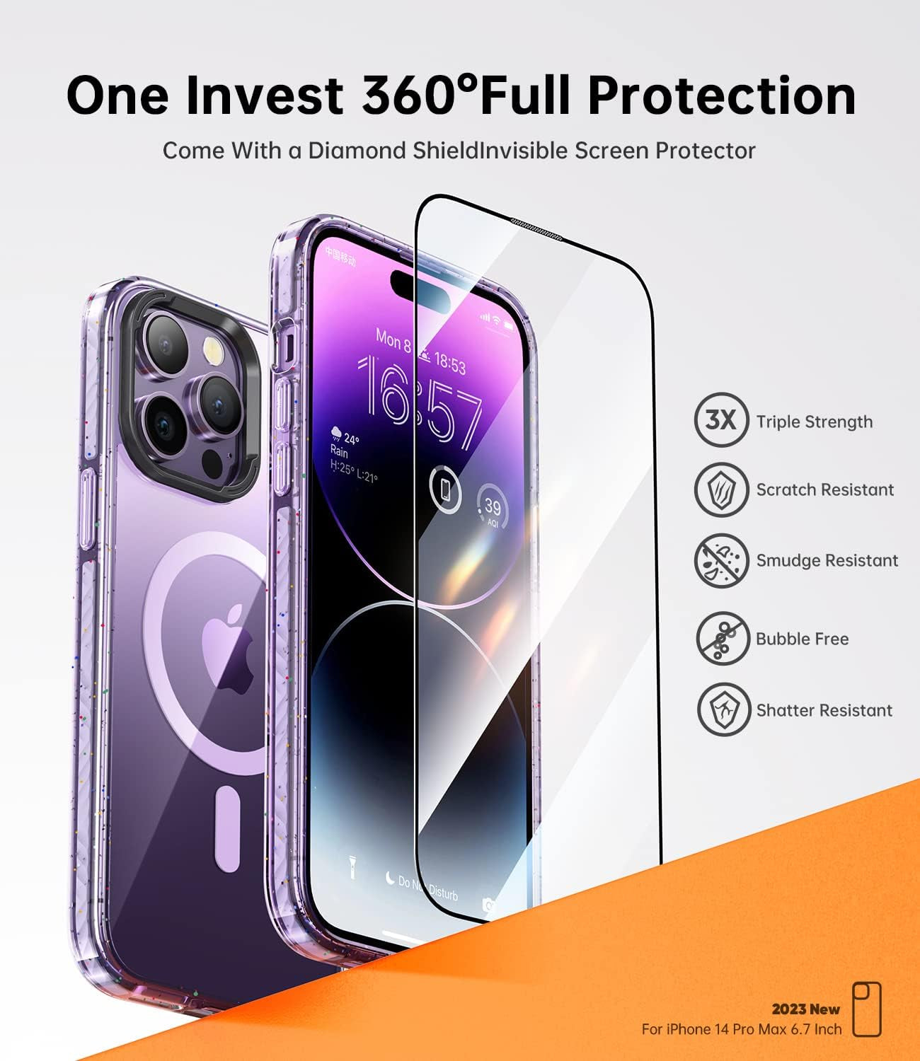 JUESHITUO for Iphone 14 Pro Max Case Magsafe with Glitter Shockproof Buffer Belt [Never Yellow] [10X Military Protection] [Screen Protector & Higher Camera Cover] Magnetic Clear Purple Back 6.7 Inch  JUESHITUO   