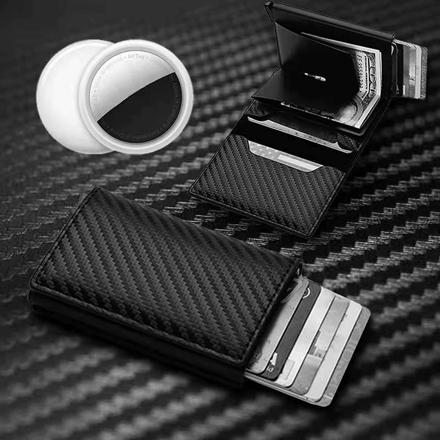 Wallet Case Card Holder with Airtag Slim Minimalist Leather Cash Credit Bifold RFID Blocking Men'S Gift Stealth ID Window Aluminum Metal Cards Pop-Up 8 Slots Wallets (Brown)  Creaweal   