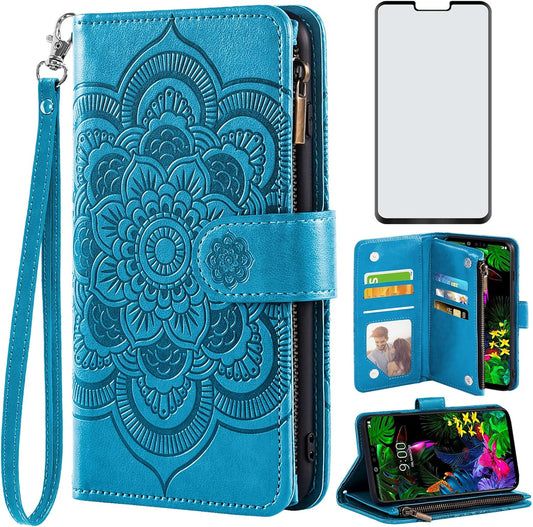 Asuwish Compatible with LG G8 Thinq Wallet Case and Tempered Glass Screen Protector Flower Leather Flip Card Holder Stand Cell Phone Cover for LGG8 Thin Q G 8 LG8 G8Thinq Lgg8Thinq 8G Women Men Blue  Asuwish   