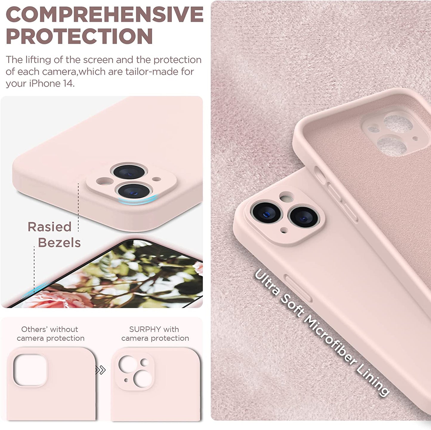 SURPHY Compatible with Iphone 14 Case with Screen Protector (Camera Protection + Soft Microfiber Lining) Liquid Silicone Phone Case 6.1 Inch 2022 (Chalk Pink)  SURPHY   