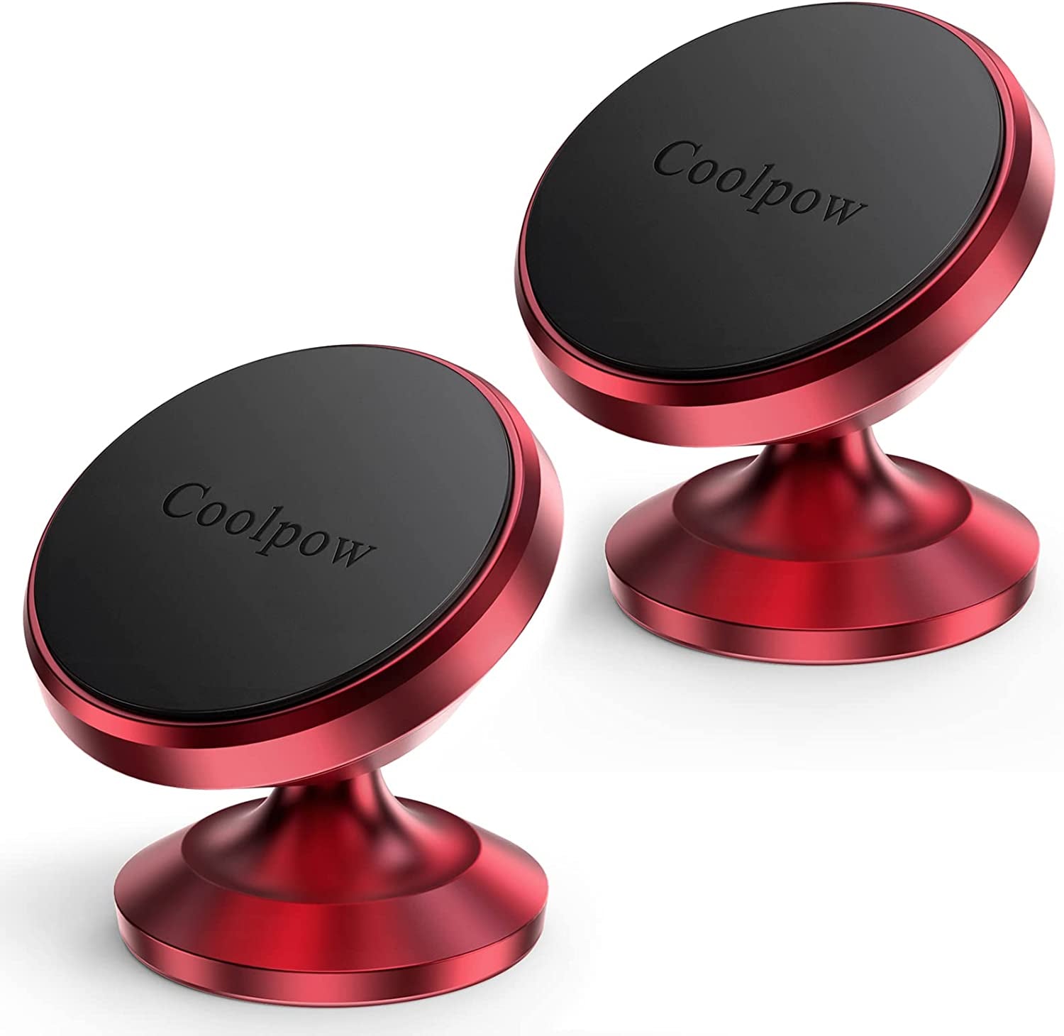 【2-Pack】Magnetic Phone Holder for Car, [ Super Strong Magnet ] [ with 4 Metal Plate ] Iphone Magnetic Car Mount for Cell Phone, [ 360° Rotation ] Universal Dashboard Car Mount Fits All Smartphones  Coolpow Red&Red  
