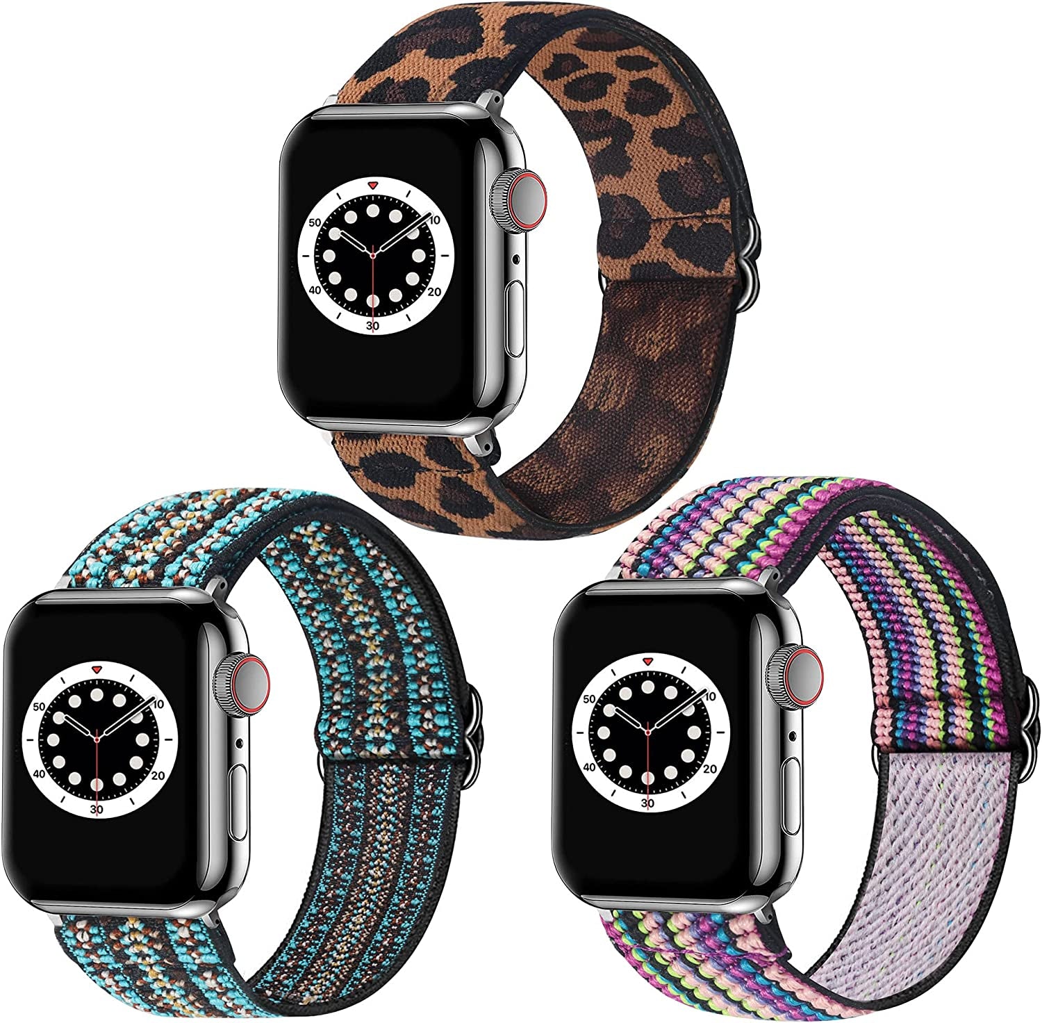 Dsytom 3 Pack Elastic Band Compatible with Apple Watch Bands 38Mm 41Mm 40Mm 42Mm 44Mm 45Mm, Adjustable Stretchy Nylon Bands for Iwatch Series Ultra 8/7/6/5/4/3/2/1 SE Strap for Women  Dsytom Boho Flower+Dark Rainbow+Yellow leopard 42mm/44mm/45mm/49mm 
