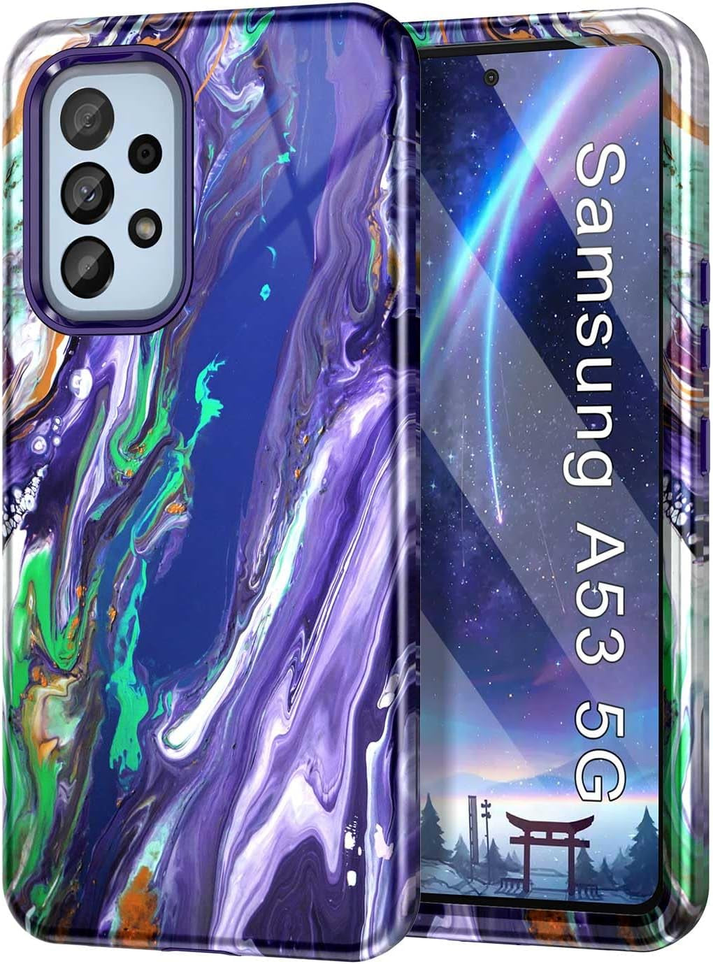 Btscase for Samsung Galaxy A53 5G Case, Marble Pattern 3 in 1 Heavy Duty Shockproof Full Body Rugged Hard Pc+Soft Silicone Drop Protective Women Girl Cover for Samsung Galaxy A53 5G,Drift Sand/Purple  Btscase Dreamland River/Purple  