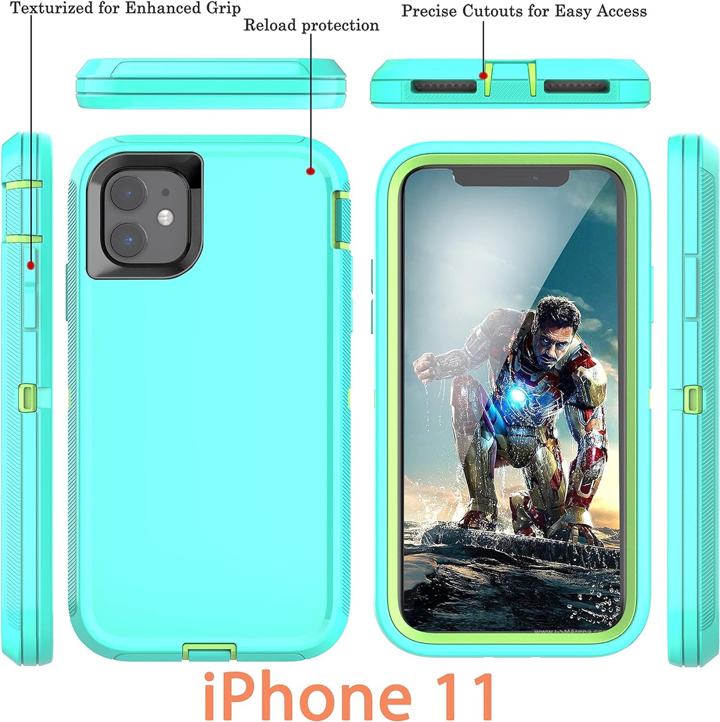 Ymhxcy for Iphone 11 Case Shockproof Dropproof Dust-Proof Drop Proof 3-Layer Durable Phone Case Heavy Duty Protection Phone Case Cover for Apple Iphone 11 6.1“ Aqua Blue and Lime Green  YmhxcY   