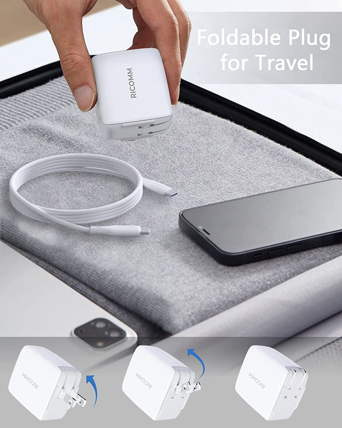 USB C Charger 65W, RICOMM Gan PPS Fast Charger Adapter Kit (Soft Silicone Cable Included) Travel Wall Charger Foldable Plug for Macbook, Iphone Pro Max, Ipad, Airpods, Samsung Galaxy S22/S20/S10  Guangdong Huasheng Electronic Technology co.,Ltd   