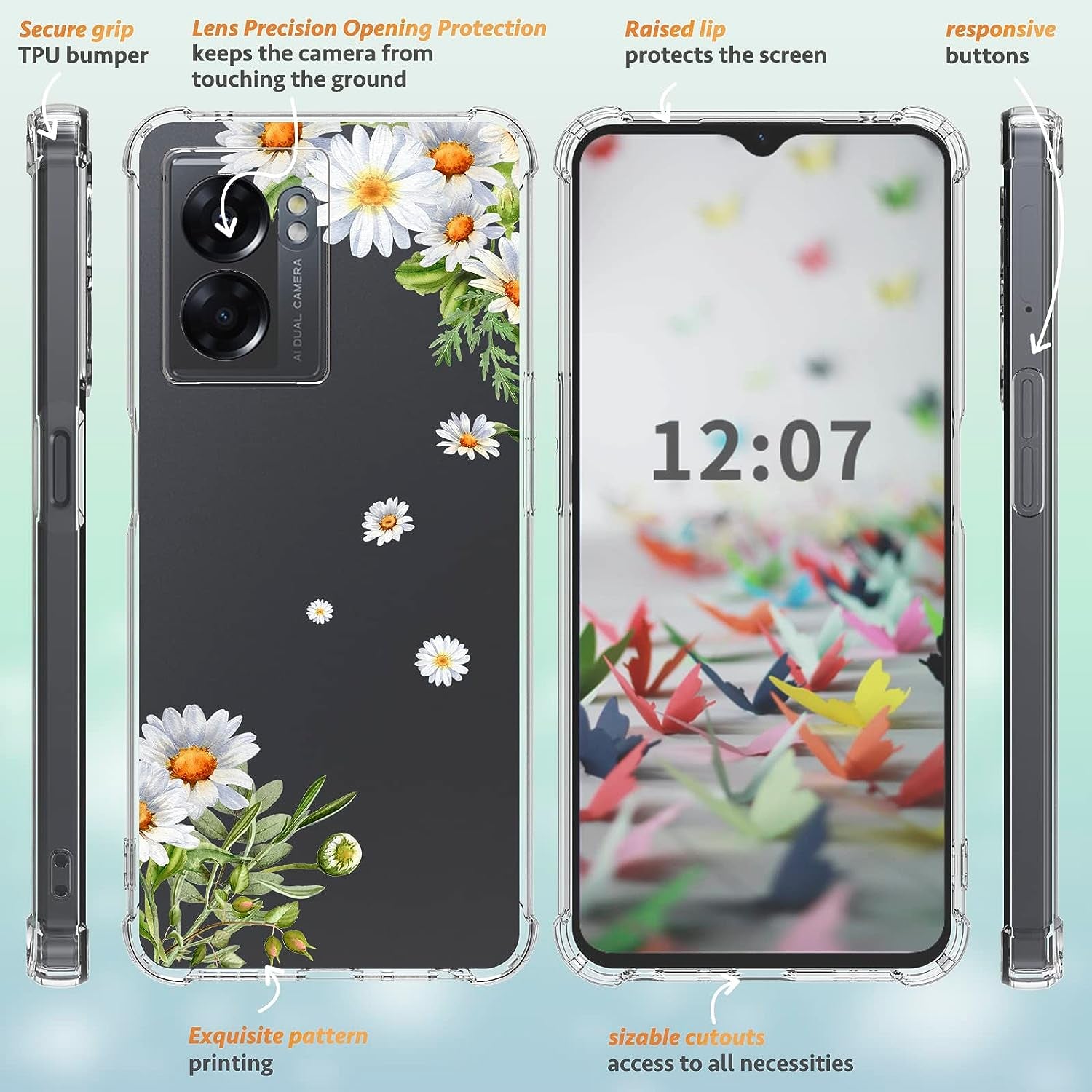 Dcwunk Compatible with Oneplus Nord N300 5G Case 6.56 Inch, Camera Lens Protector Flower Shockproof Clear Floral Design Protective Women Phone Cover, 2022 (Daisies)  Dcwunk   