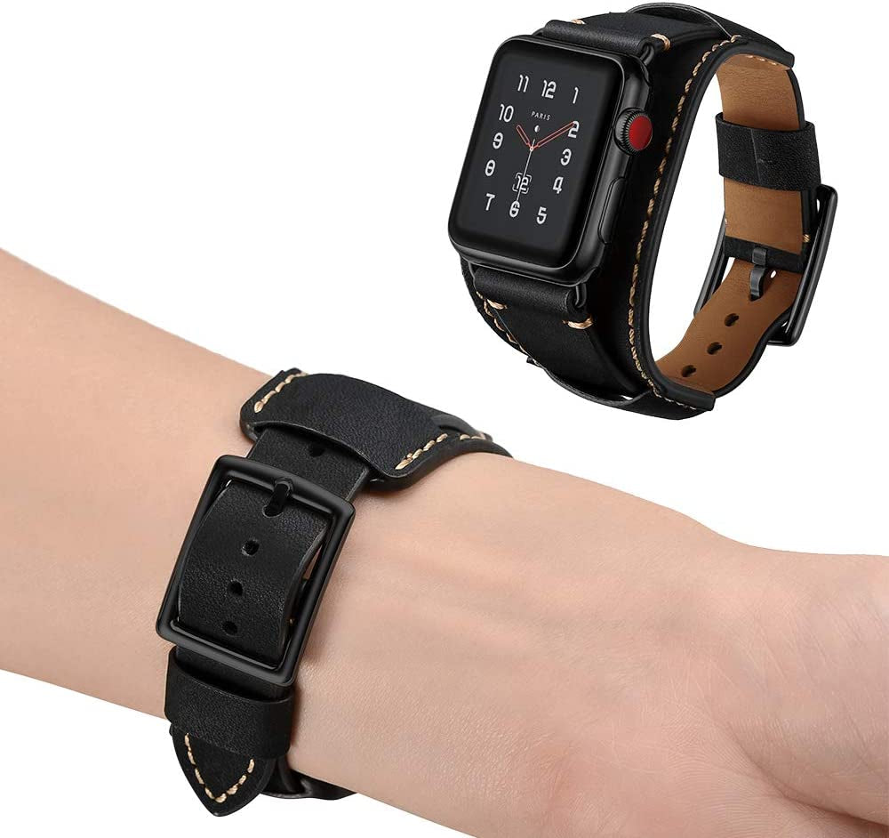 GOSETH Leather Band Compatible with Apple Watch Ultra 49Mm Band Leather Strap, Genuine Leather Band with Stainless Clasp for Iwatch Series 8 SE 7 6 5 4 3 2 1 45Mm 44Mm 42Mm Band (Black)  GOSETH   