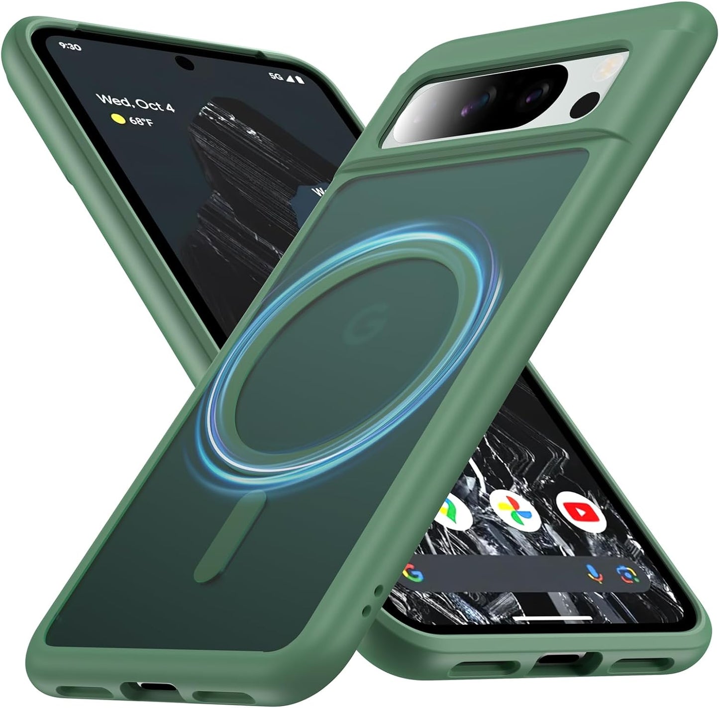 [360°Rotatable Ring] for Google Pixel 8 Pro Case Compatible with Magsafe [NO.1 Magnetic Invisible Stand] [Military Shockproof] [Translucent Matte] with Silicone Bumper for Pixel 8 Pro Cover Slim,Black  FNDMIL Green [Magnetic] Google Pixel 8 Pro [6.7 Inch] 