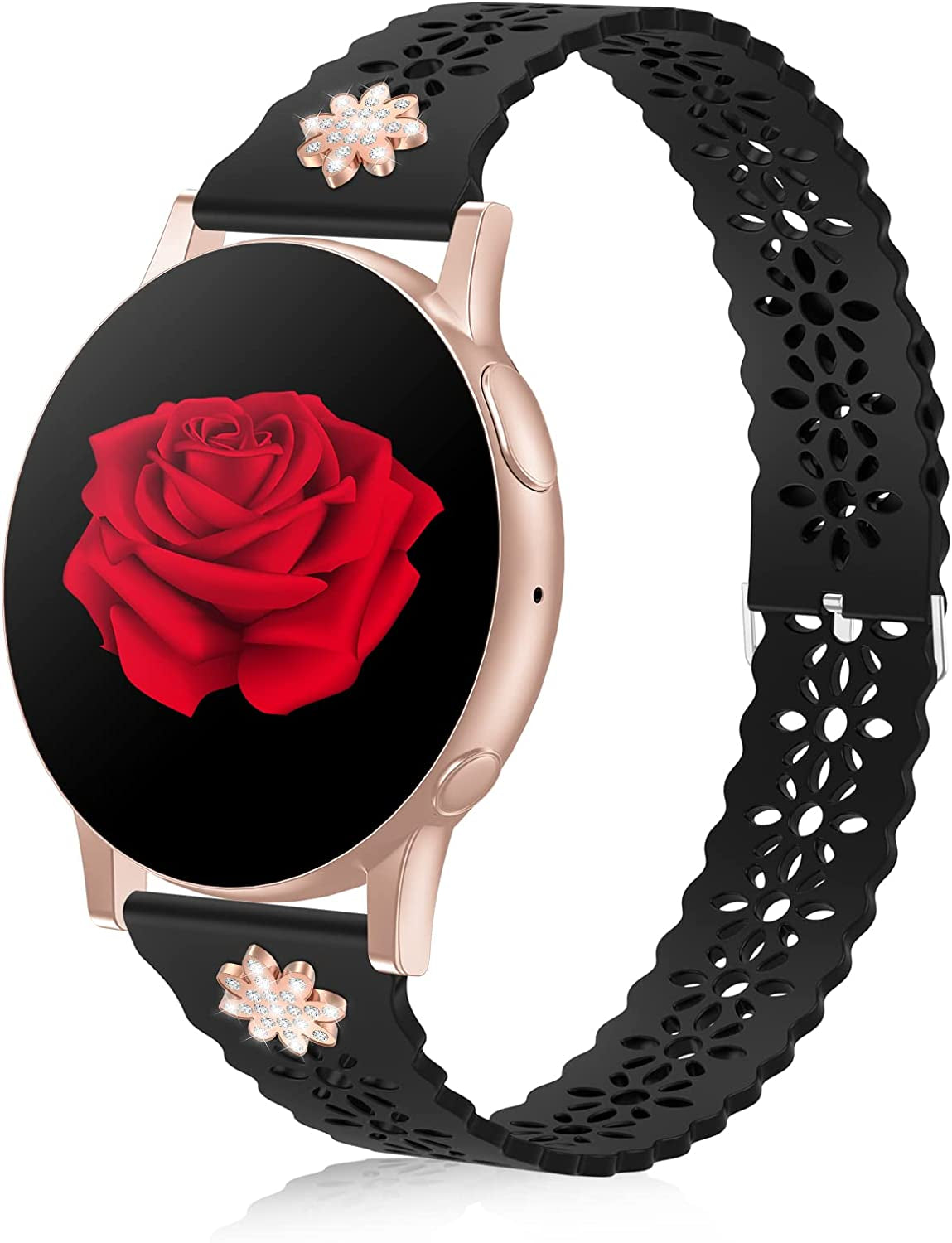 Lace Silicone Band 20Mm Compatible for Samsung Galaxy Watch 4 40Mm 44Mm/Watch 3 41Mm/Active 2 Watch Bands 40Mm 44Mm/Watch 4 Classic 42Mm 46Mm, Slim Bands Soft Smartwatch Strap for Women(Black)  Seizehe Black with Rose Diamond  