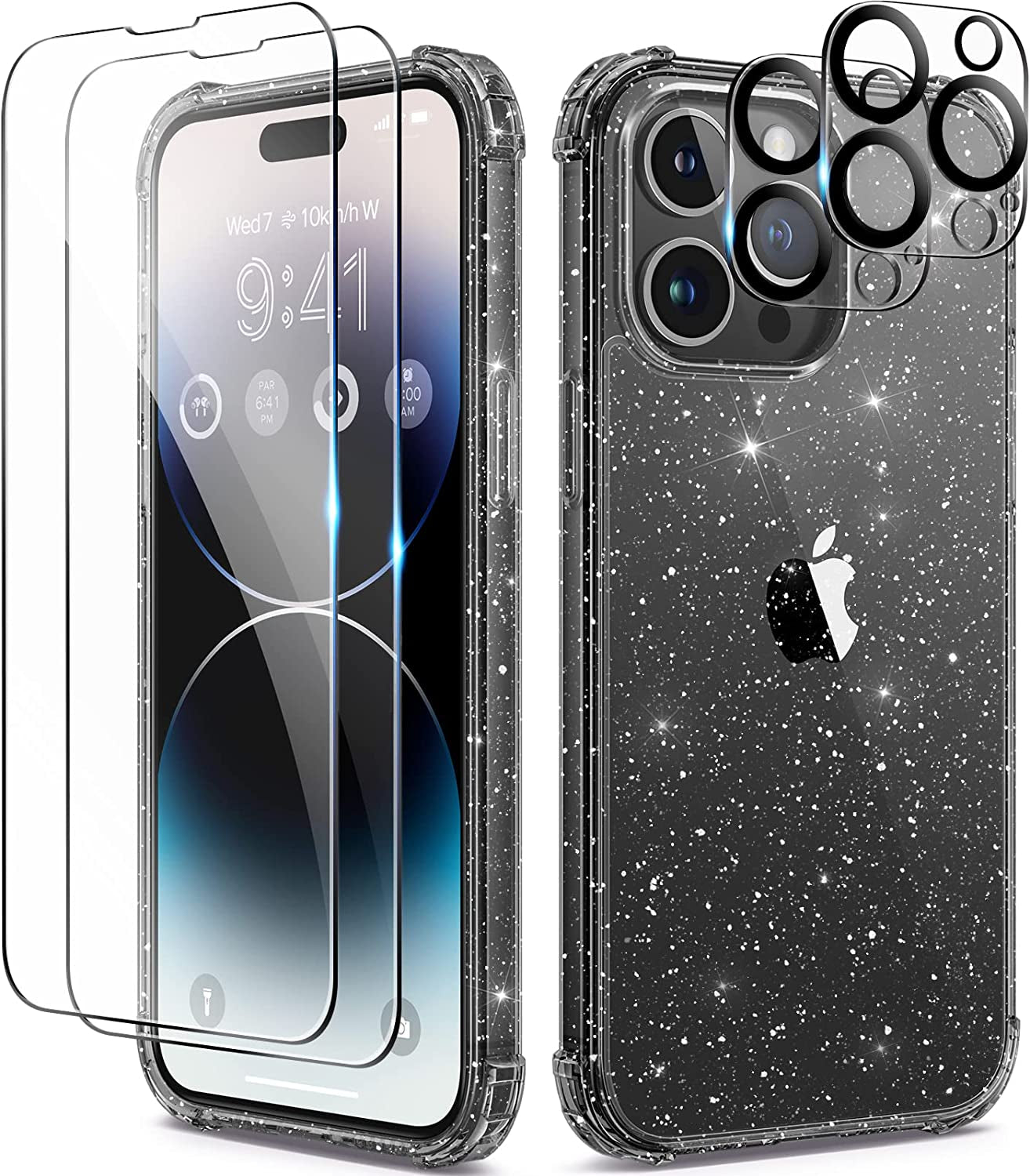 BERFY Glitter Case for Iphone 14 Pro Max, with 2Pcs Screen Protector+2Pcs Camera Protector, [Non-Yellowing] Clear Bling Sparkle Cute Shockproof Phone Case for Women, 6.7 Inch Cover, Glitter Clear  BERFY Clear Black Iphone 14 Pro Max 6.7 Inch 